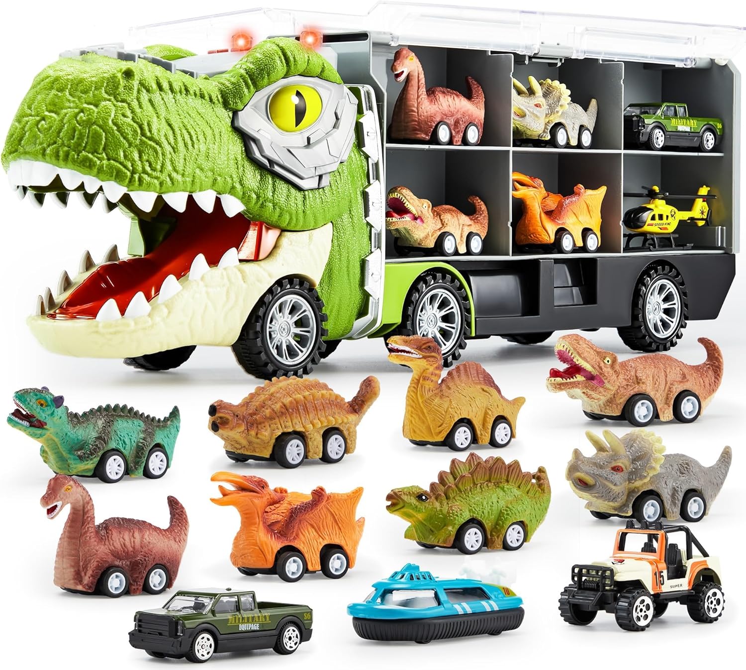JOYIN 13-in-1 dinosaur toys for kids with transport carrier truck and 12 pull-back cars