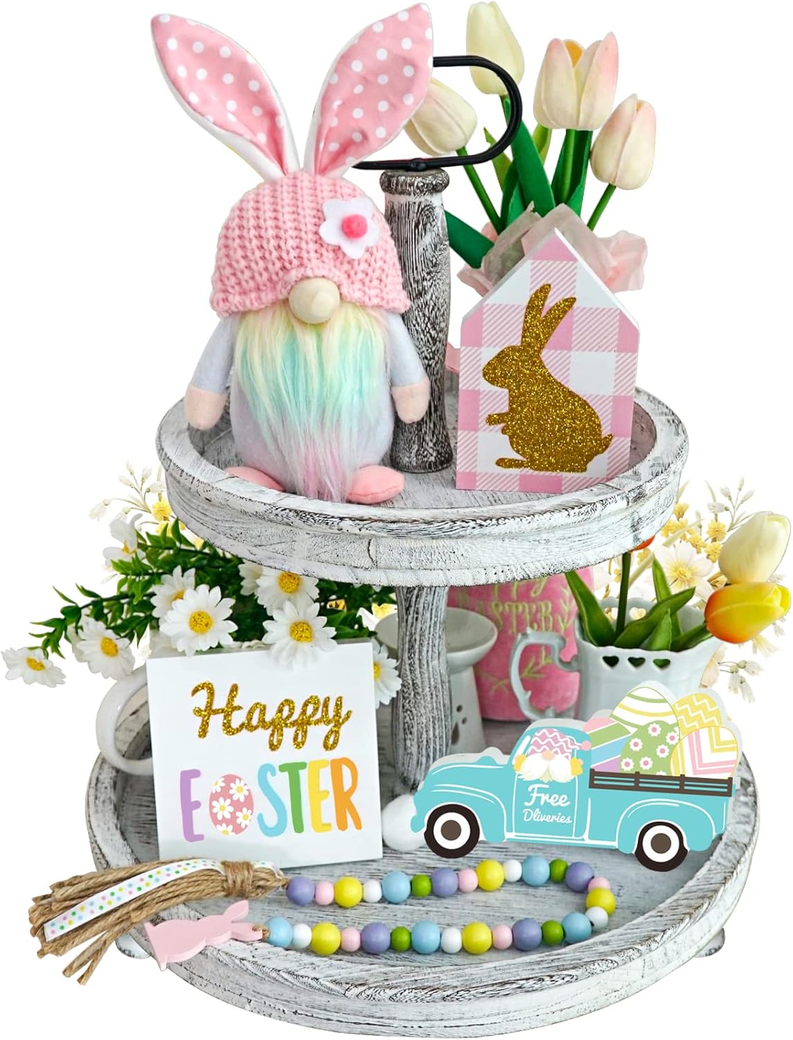 KnomeKo 5-piece Easter gnome tiered tray decor set bead garland truck eggs farmhouse spring