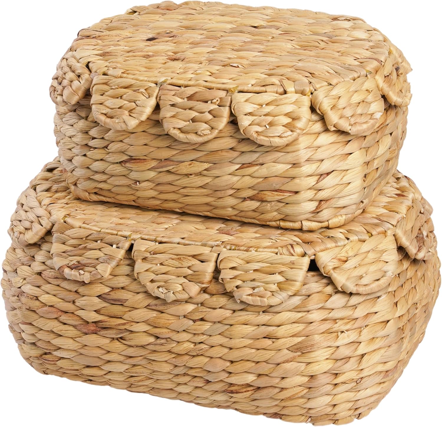 LUSYDECO set of 2 rattan wicker storage baskets with lid scalloped edge hyacinth decorative box