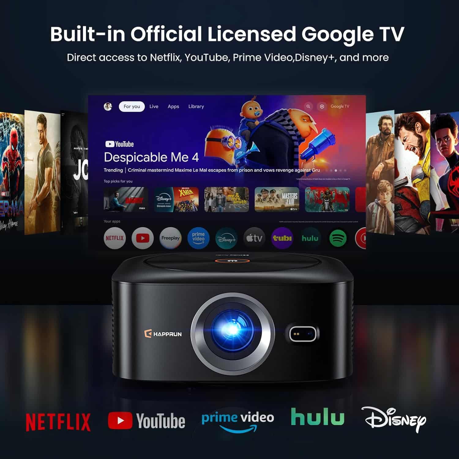 HAPPRUN projector showing Official Licensed Google TV interface with streaming apps