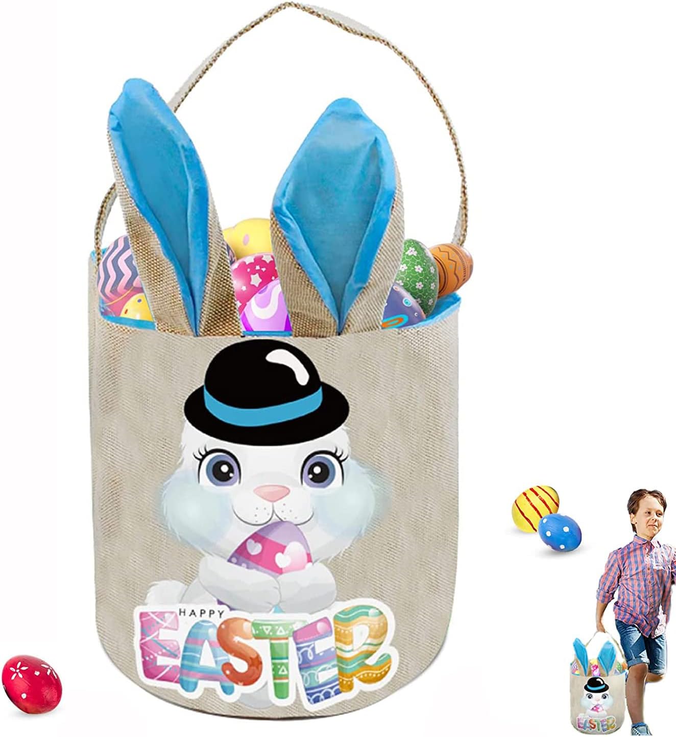 PADELO Easter Basket for Kids cute bunny ears egg hunting blue