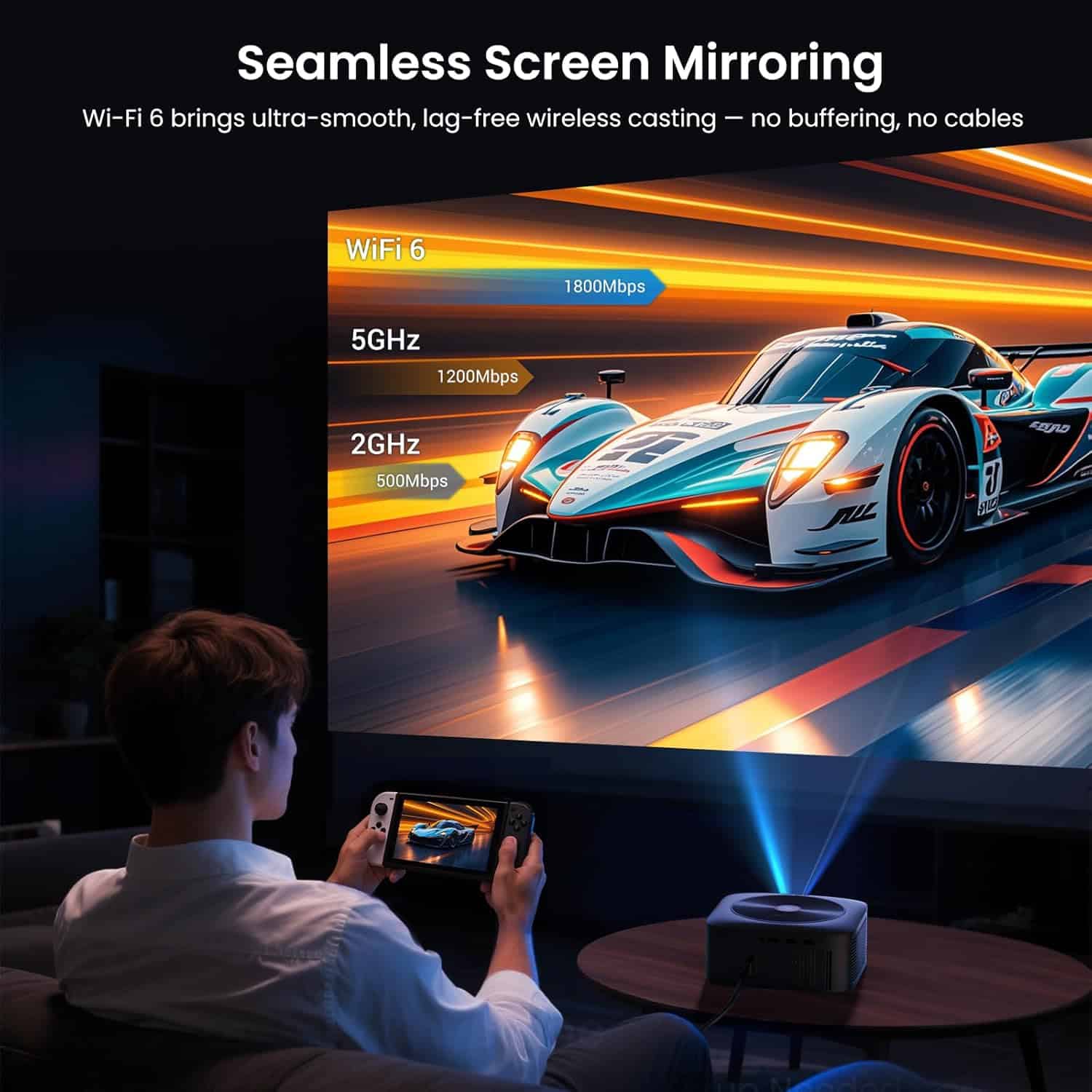 HAPPRUN projector seamless WiFi 6 screen mirroring from phone and laptop