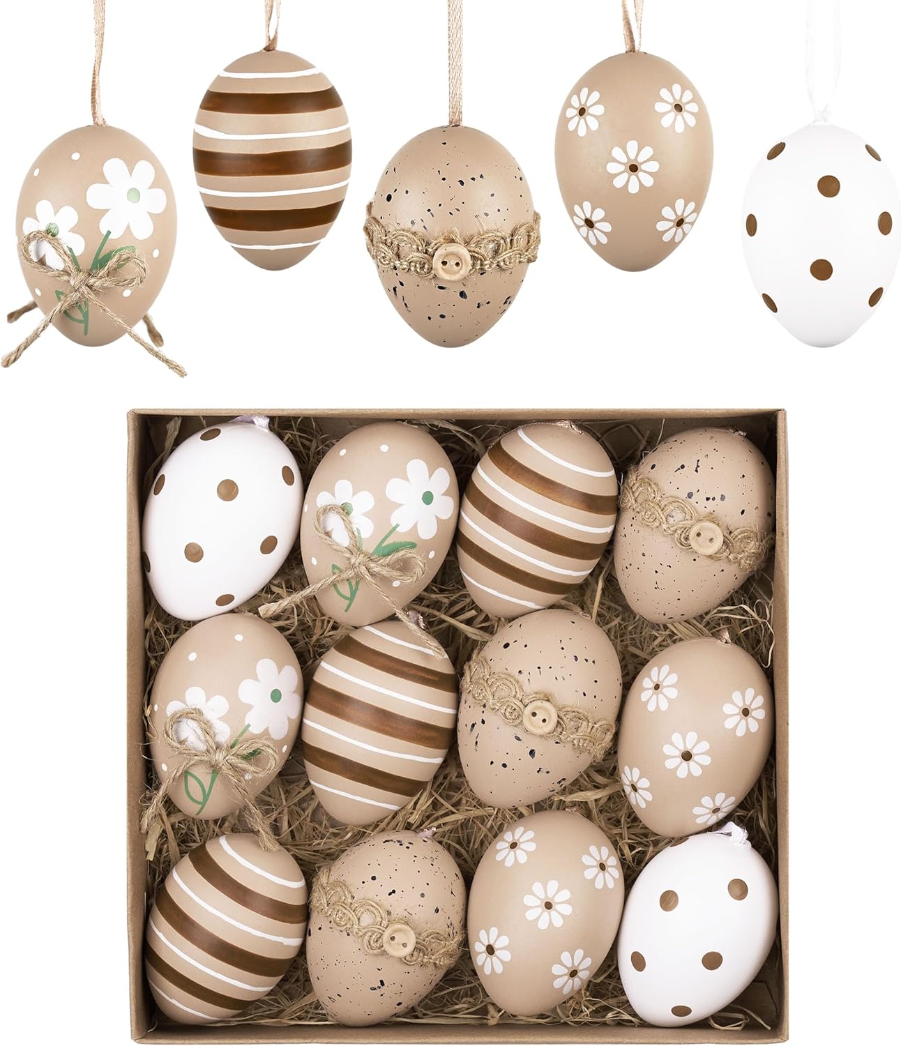 Valery Madelyn 12-piece neutral beige white shatterproof Easter egg ornaments tree decoration