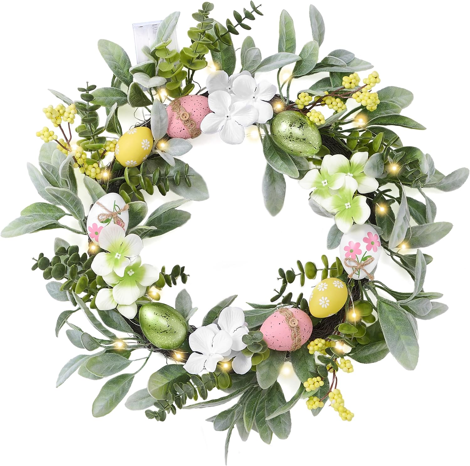 Valery Madelyn 18-inch pre-lit lighted Easter wreath front door pastel eggs daisy flowers silk lambs ear