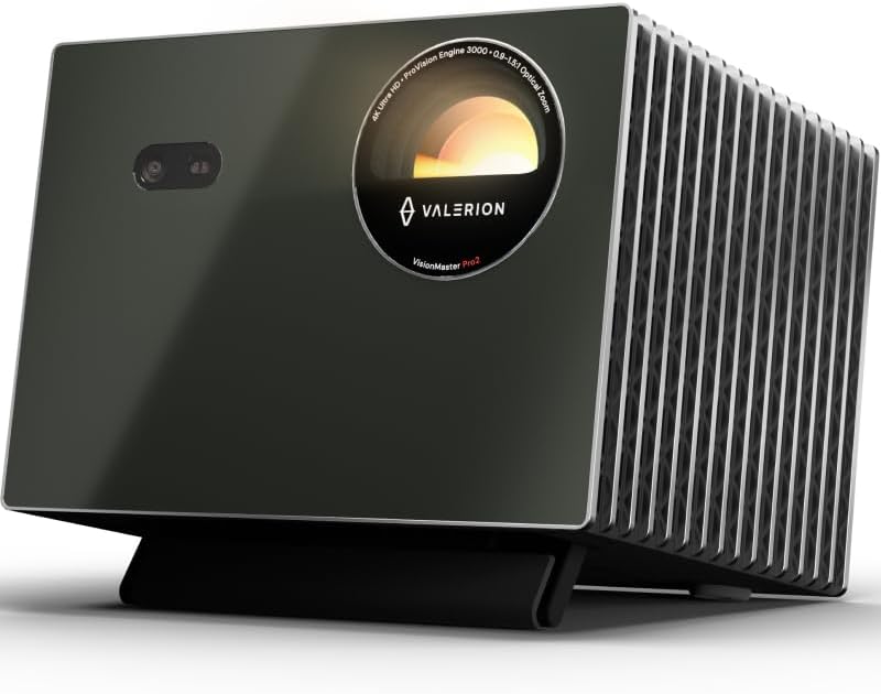 Valerion VisionMaster Pro2 4K RGB Triple Laser Projector showing premium build and optical zoom lens