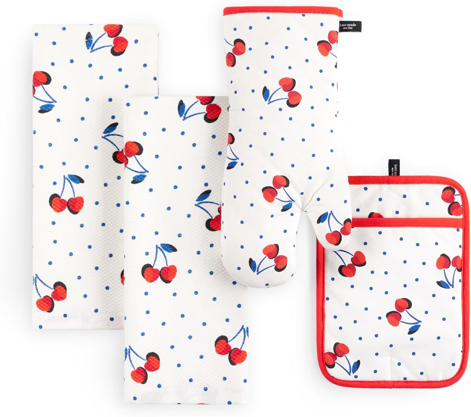 Kate Spade New York Cherry Dot Kitchen Towel Oven Mitt Pot Holder 4-Pack Set White Red Blue