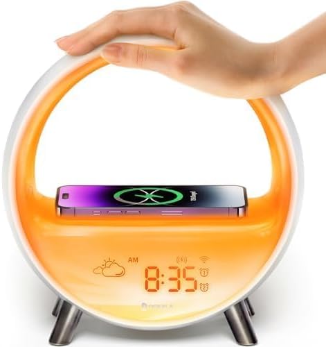 Dekala Arches in Luna White color variant showing ambient lighting effects with warm orange sunrise glow