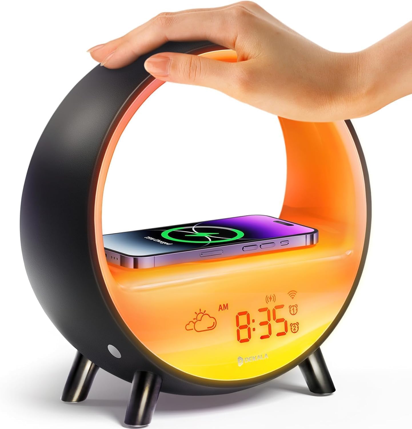 Dekala Arches Sunrise Alarm Clock in Obsidian Black showing wireless charging surface and digital display