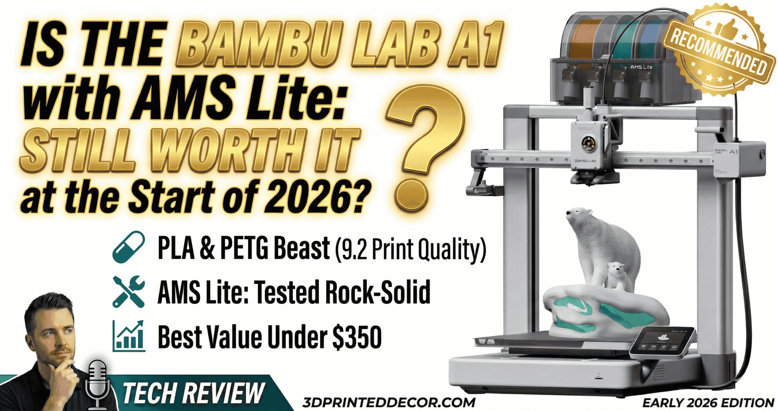 Bambu Lab A1 with AMS Lite — 2026 review hero image showing the printer and multicolor system side by side