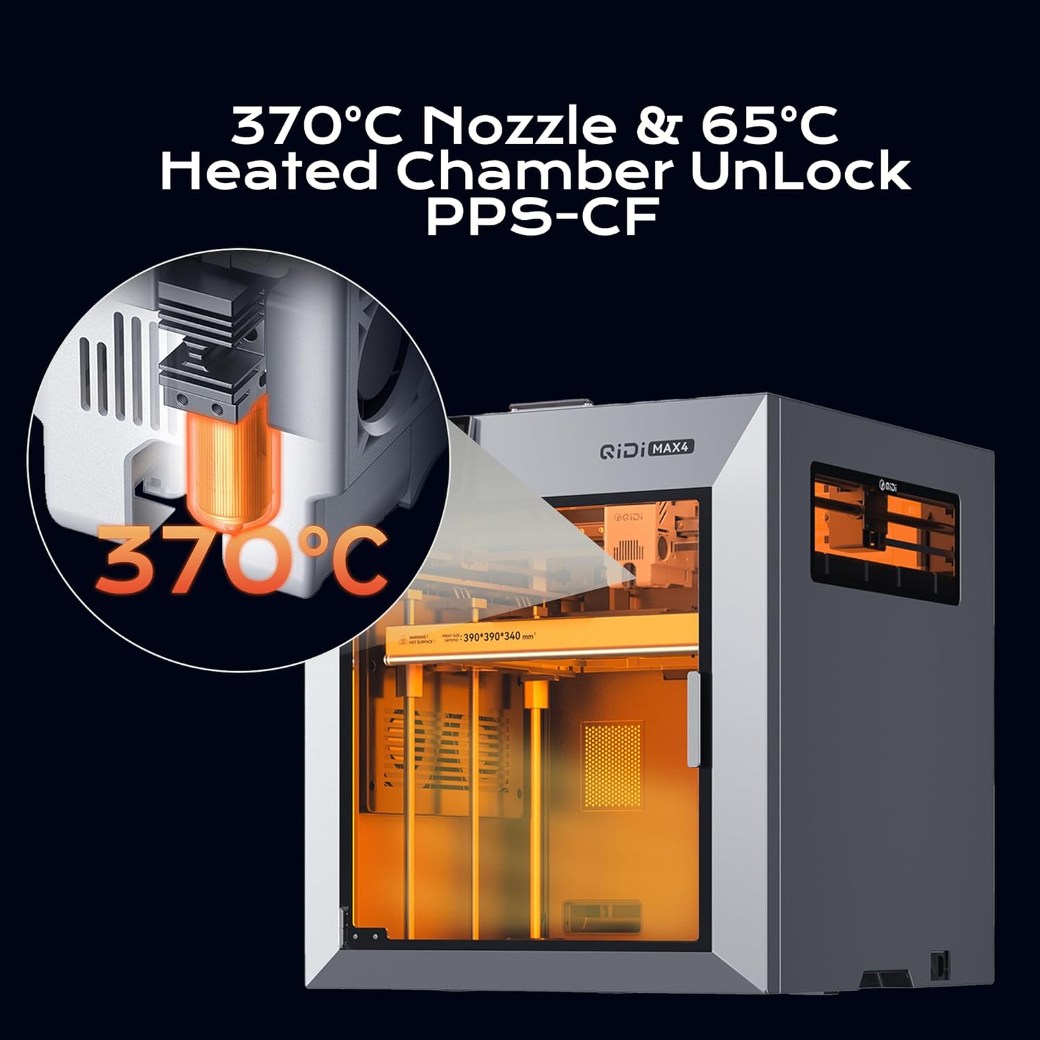 QIDI Max4 370°C hotend and 65°C heated chamber specs