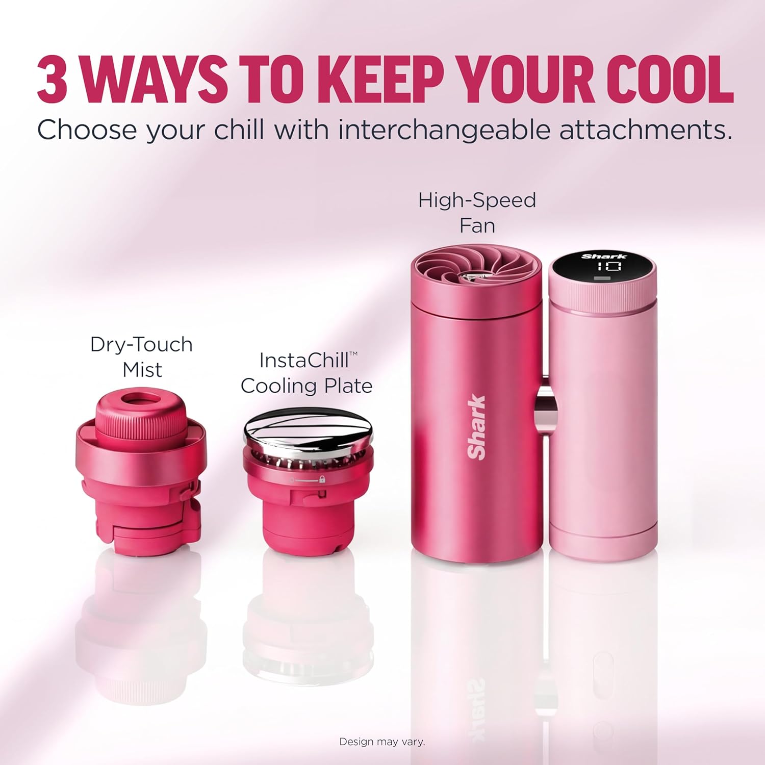 Three cooling modes of the Shark ChillPill: fan, mist, and InstaChill plate