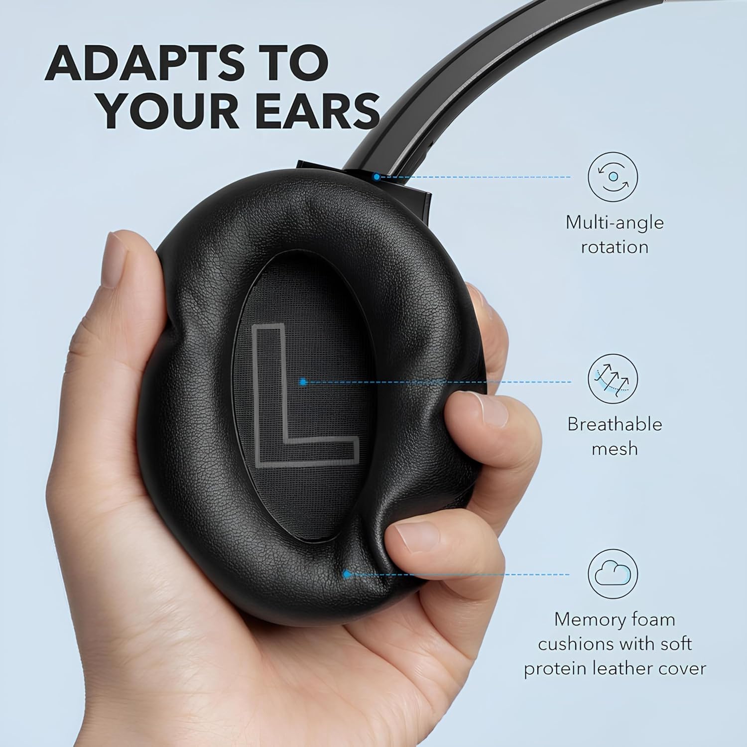Soundcore Q20 ear cups adapting to different head shapes