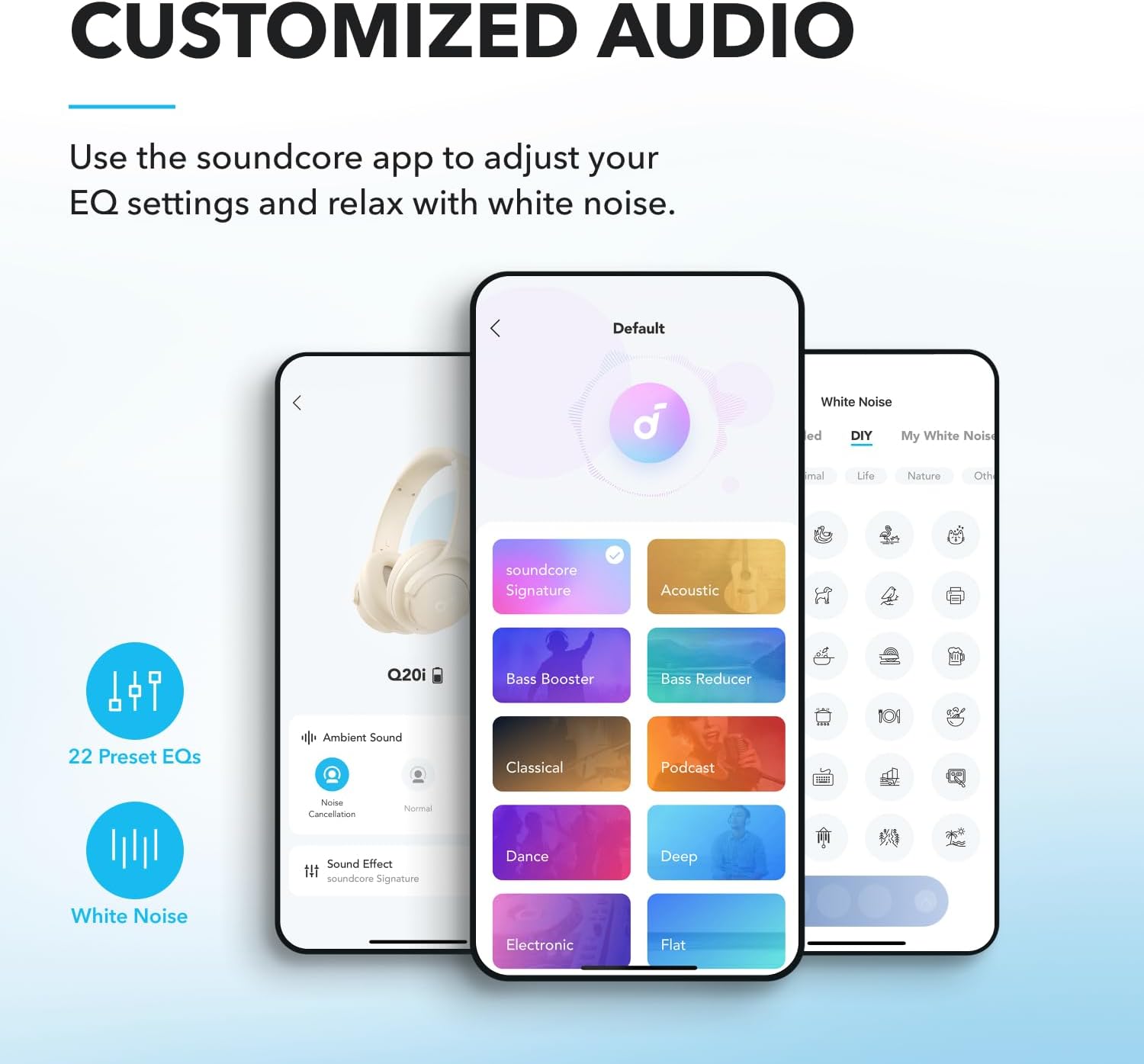 Soundcore app interface showing EQ presets and customization for Q20i