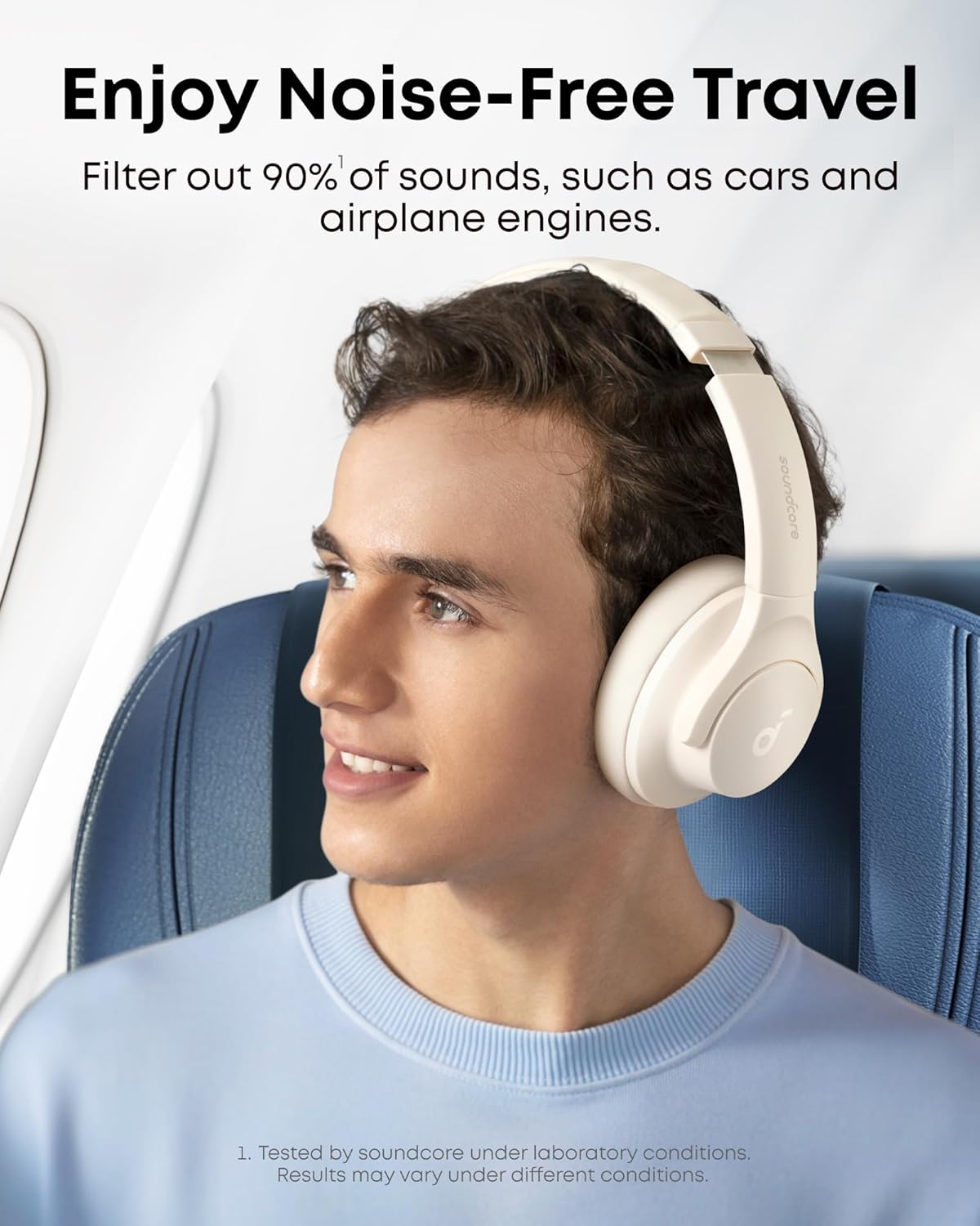 Soundcore Q20i shown in travel context demonstrating noise cancellation