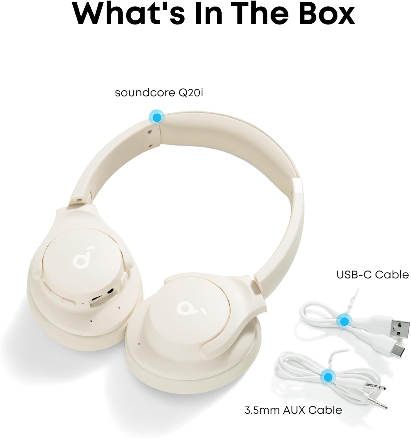 Soundcore Q20i box contents: headphones, USB-C cable, 3.5mm cable, and carry pouch