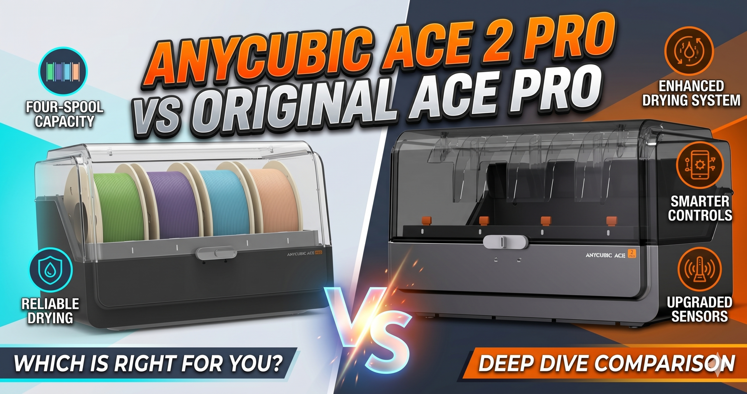 Anycubic ACE 2 Pro vs Original ACE Pro side-by-side comparison showing design differences and key upgrades