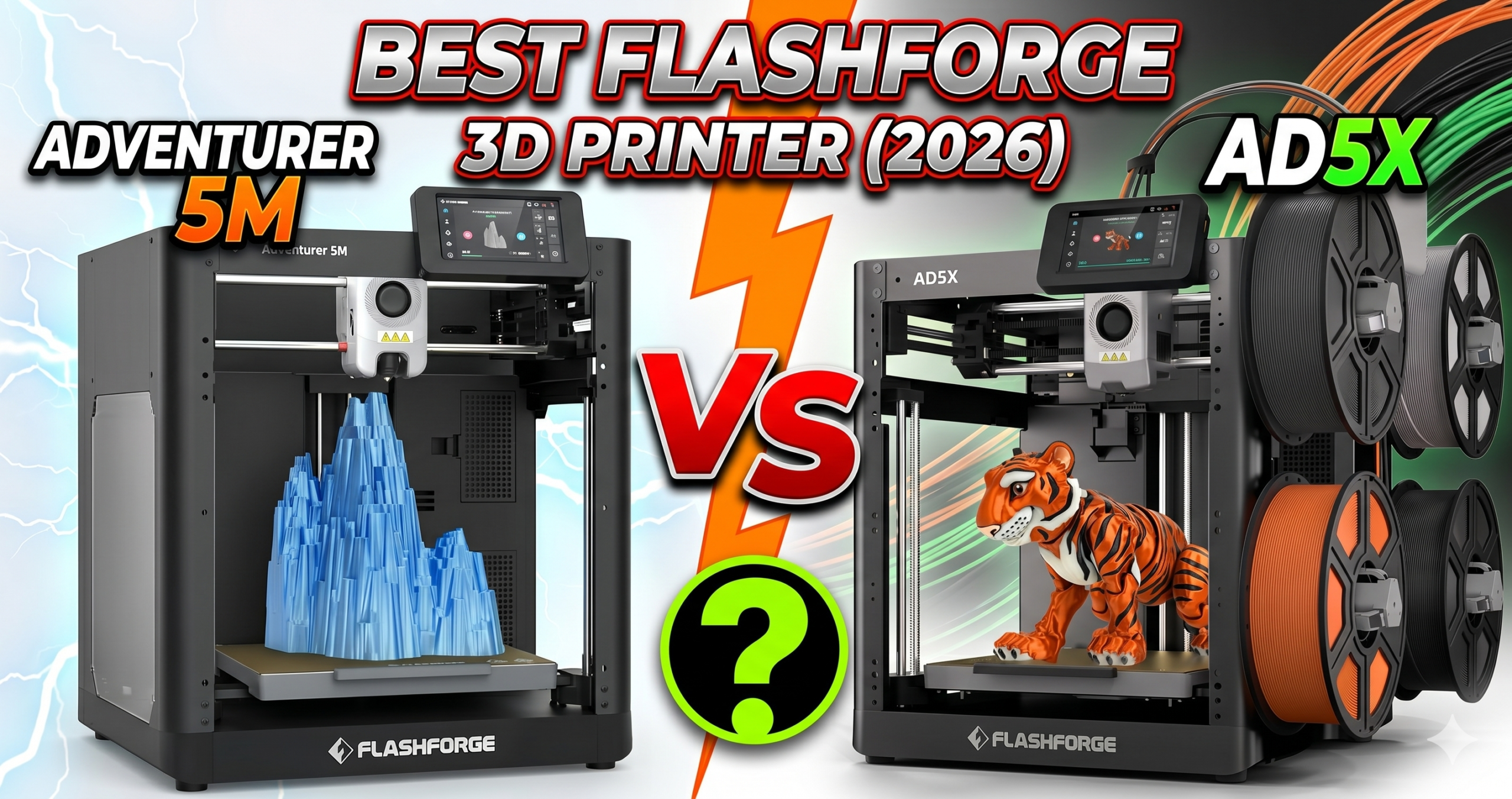 FlashForge AD5X multicolor printer on the left and Adventurer 5M single-color printer on the right, shown side by side on a dark surface for a 2026 comparison