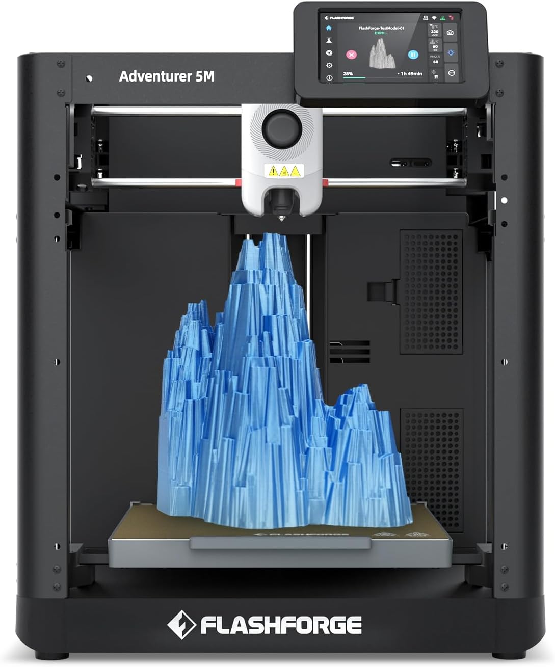 FlashForge Adventurer 5M single-color 3D printer with touch screen and quick-swap nozzle slot visible at front