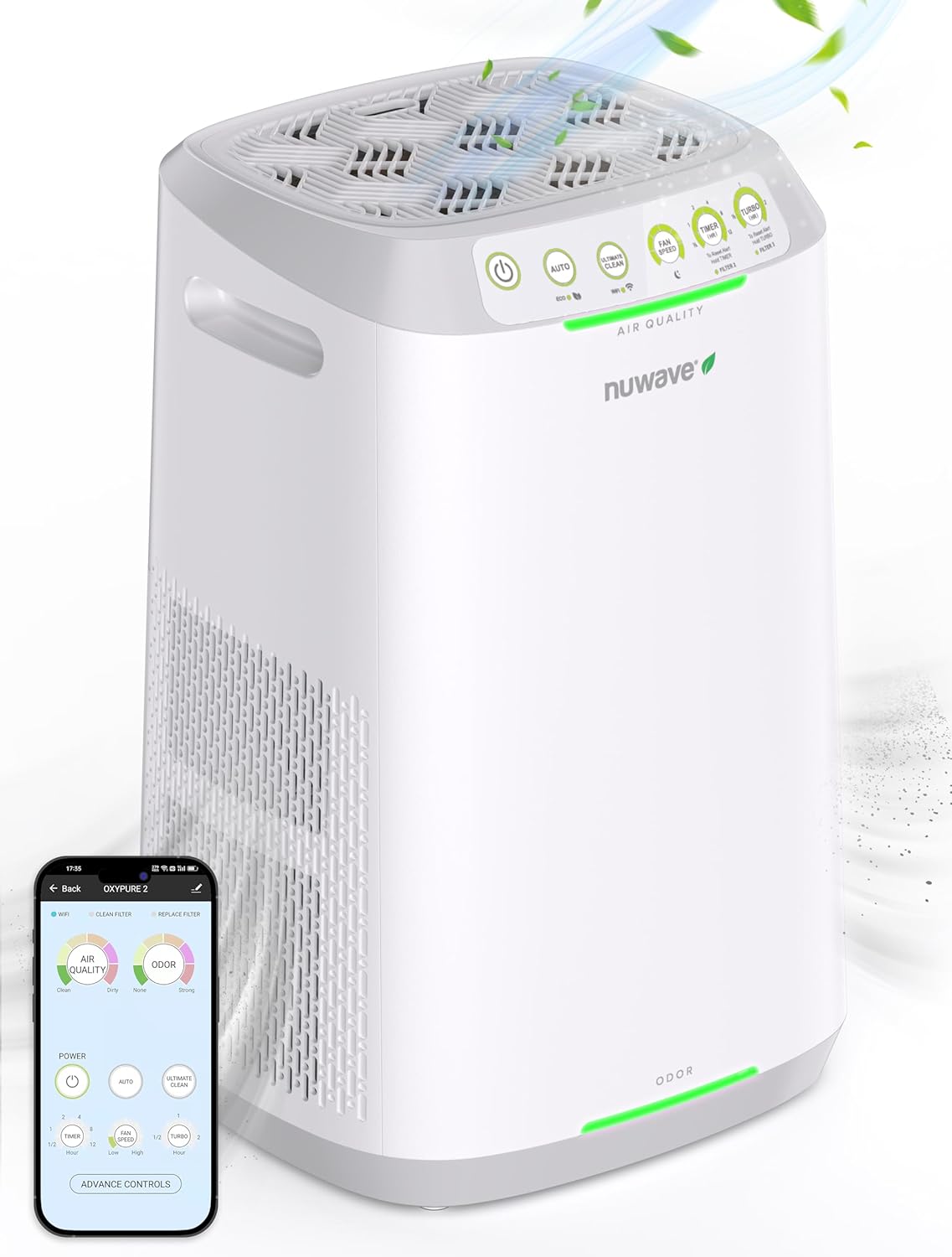 Nuwave OxyPure ZERO E500 showing compact dual 3-stage filter design with Bio-Guard cylindrical filter
