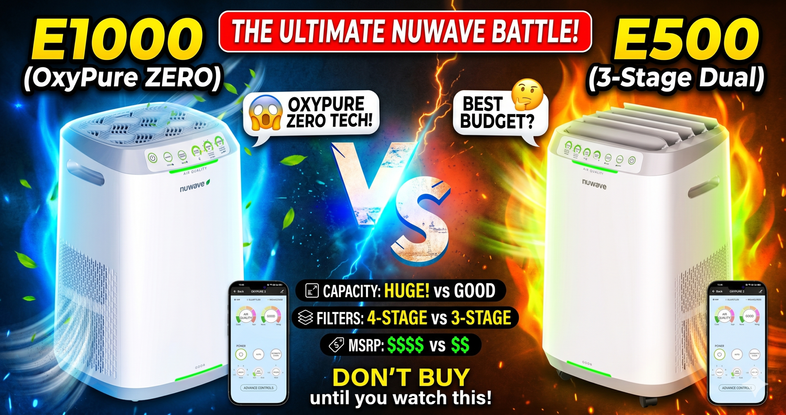 Nuwave OxyPure ZERO E1000 and E500 air purifiers side-by-side — showing the size difference between the large-room and mid-size models