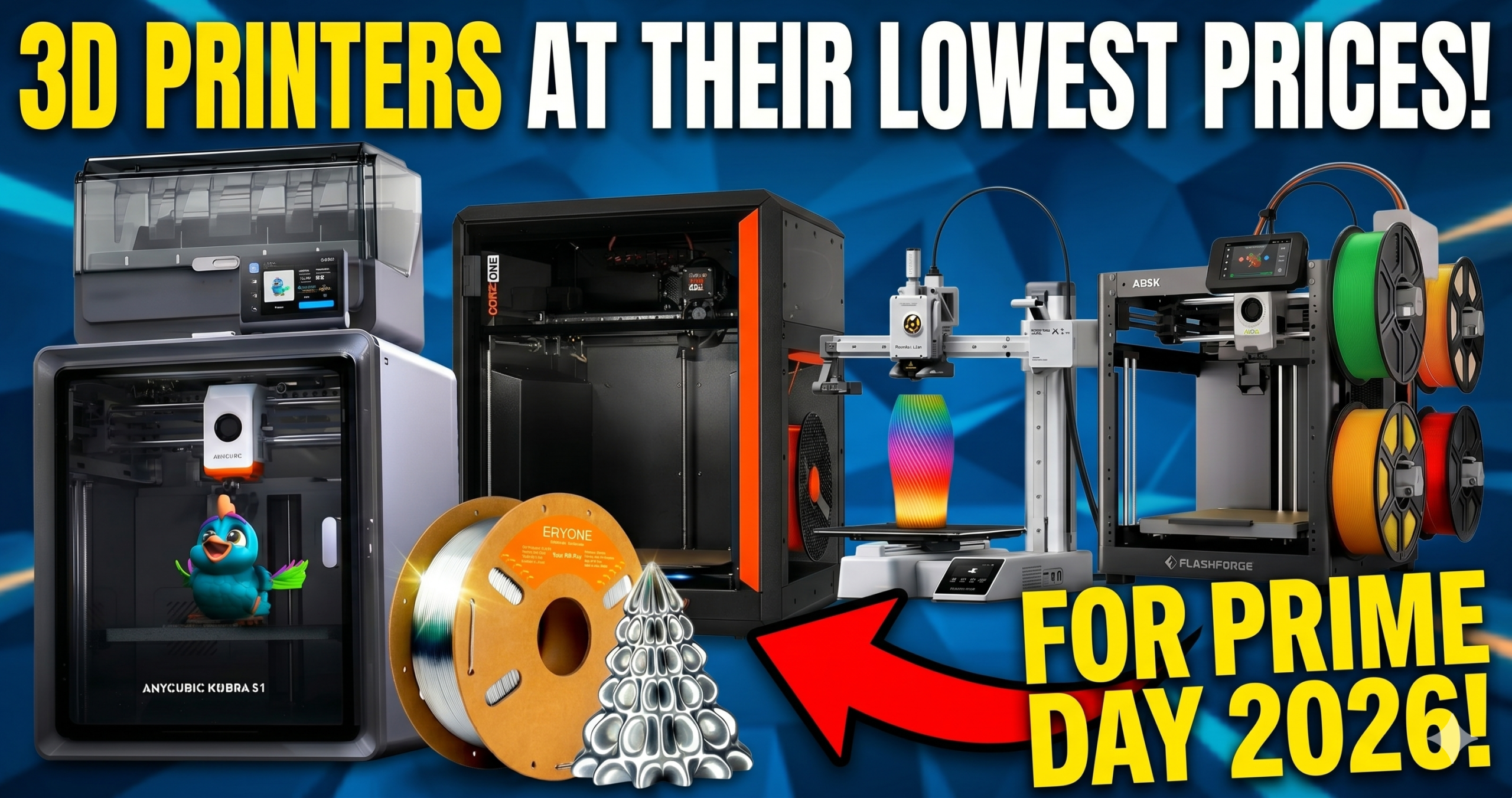 Lineup of 3D printers discounted for Prime Day 2026 including Bambu Lab, Elegoo, Flashforge, and Anycubic models