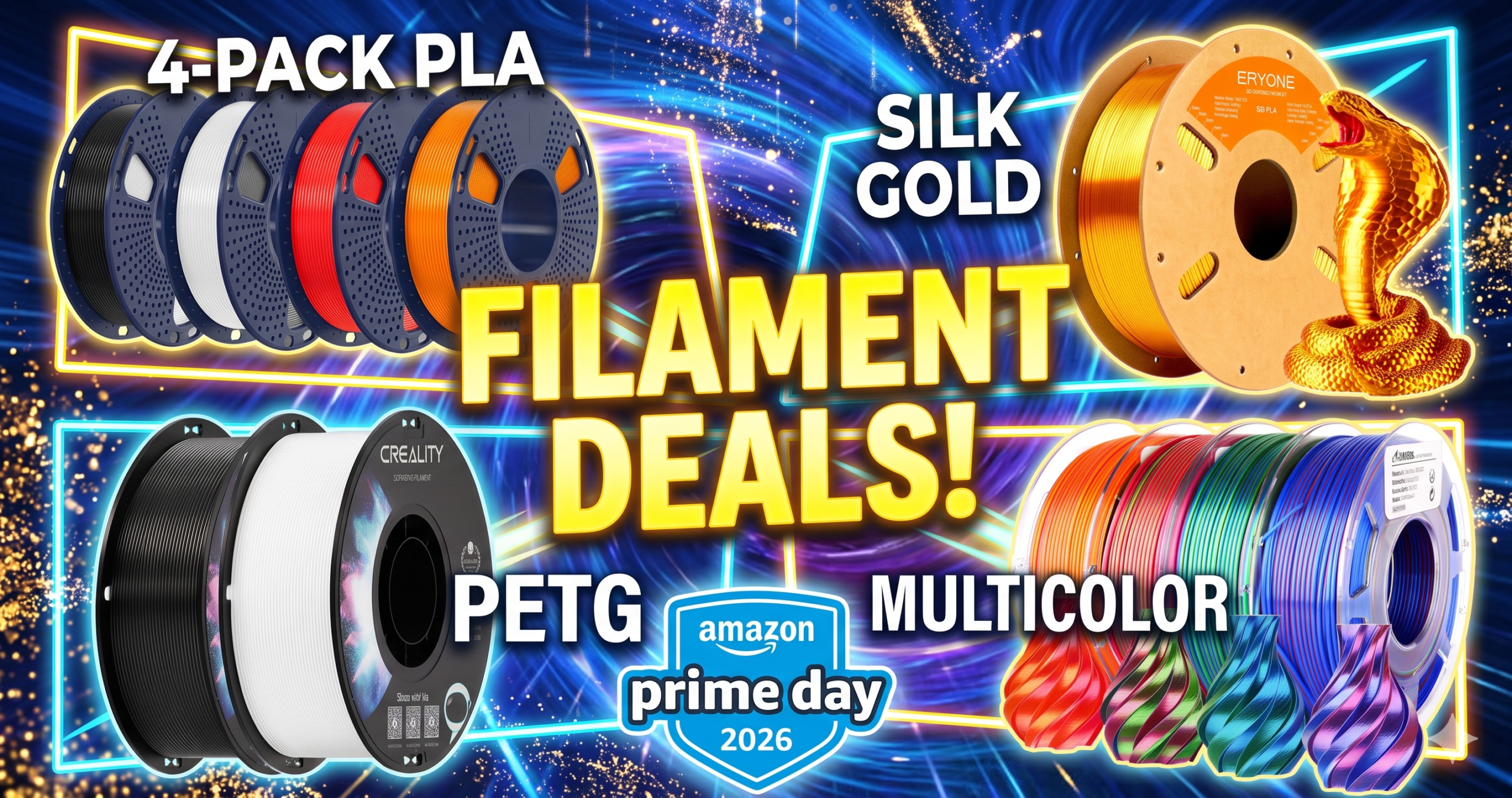 Spools of PLA, PETG, and silk filament arranged together representing the best Prime Day 2026 filament deals