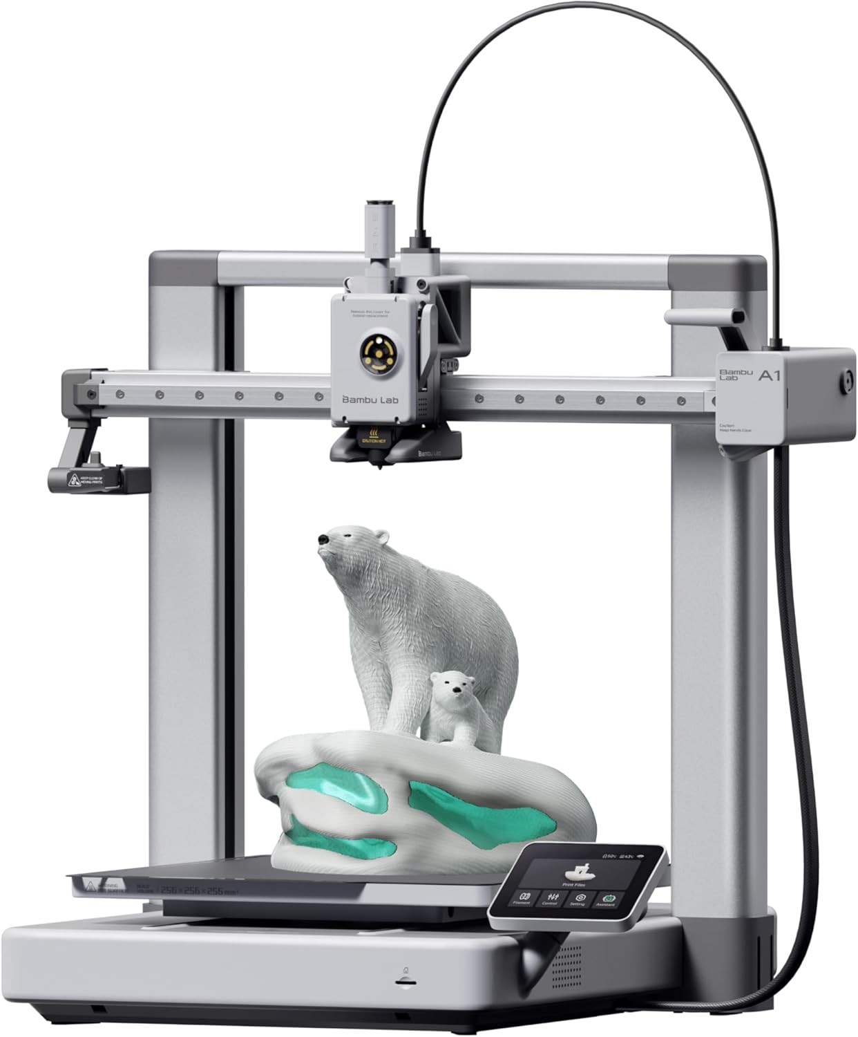Bambu Lab A1 open-frame bedslinger 3D printer with full-color touchscreen and exposed build plate