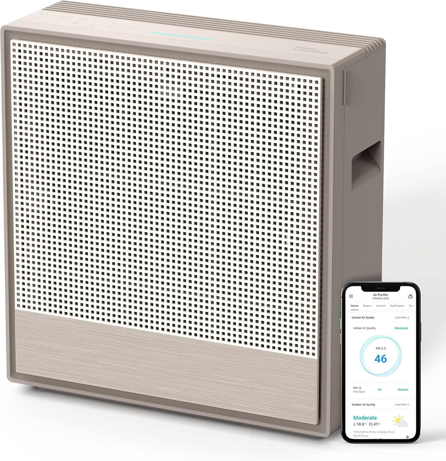 Coway Airmega 250 air purifier, tall tower design with front air intake grille