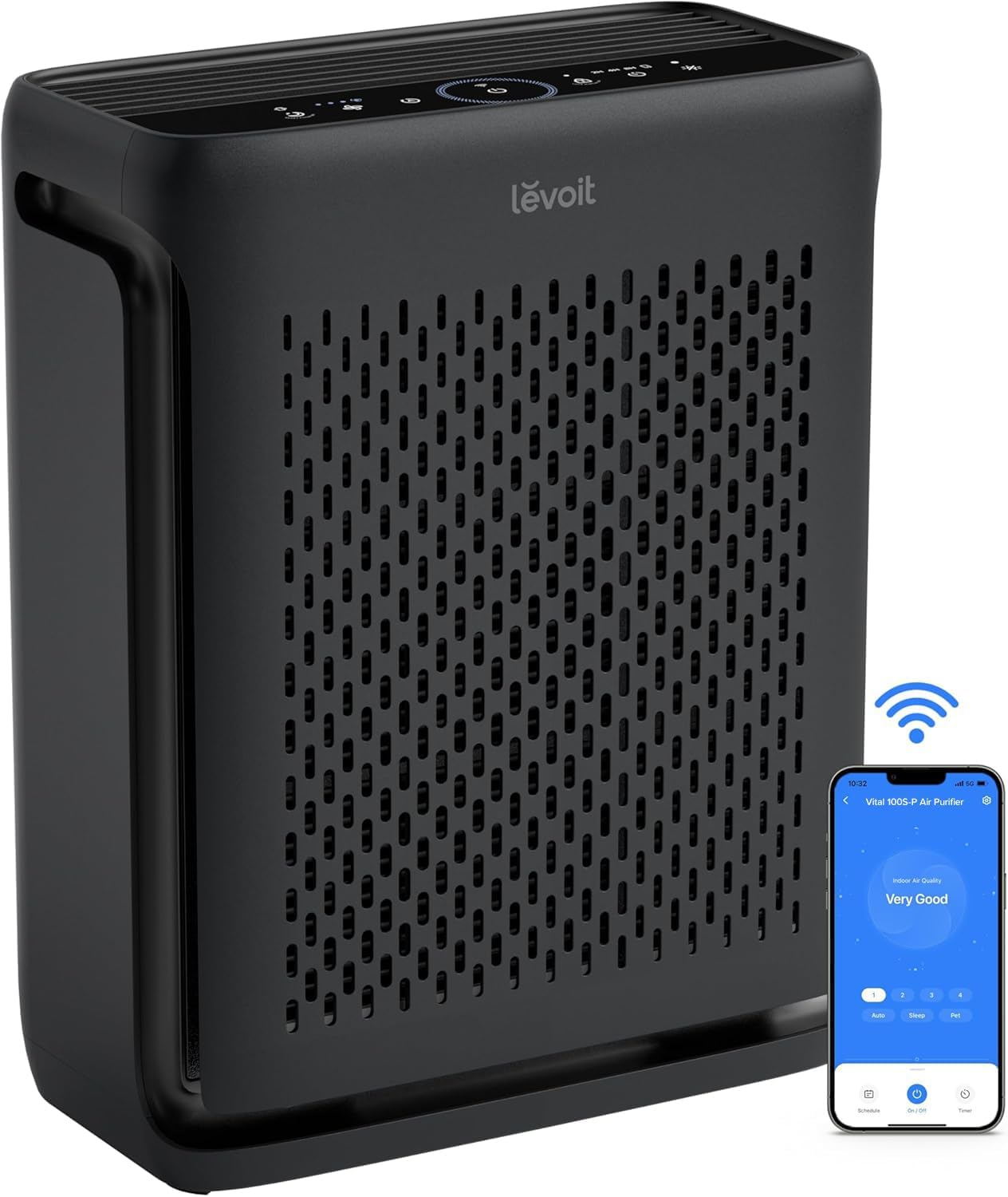 LEVOIT Vital 100S-P air purifier in black, with visible air quality monitor display on front panel