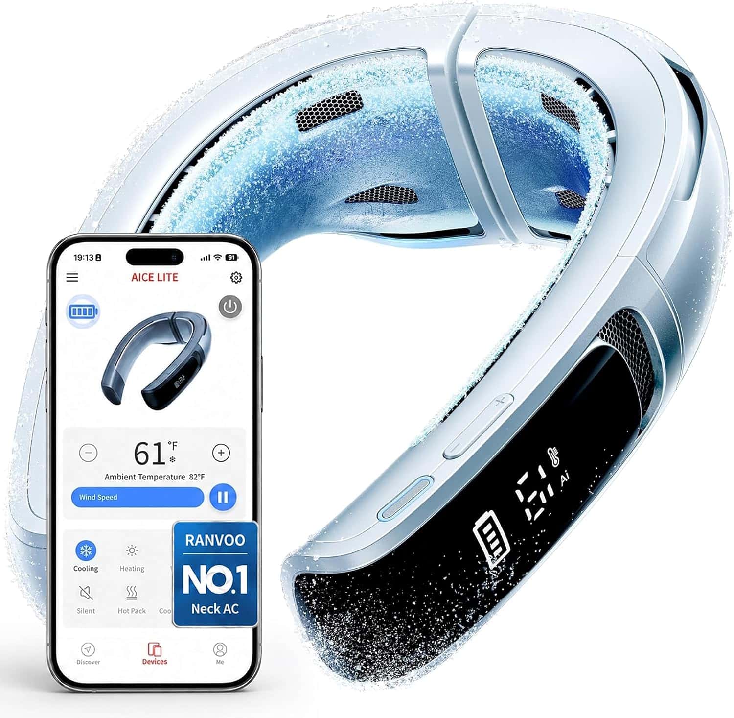 RANVOO AICE LITE MAX product listing image showing the white wearable neck air conditioner with visible cooling plates and control button