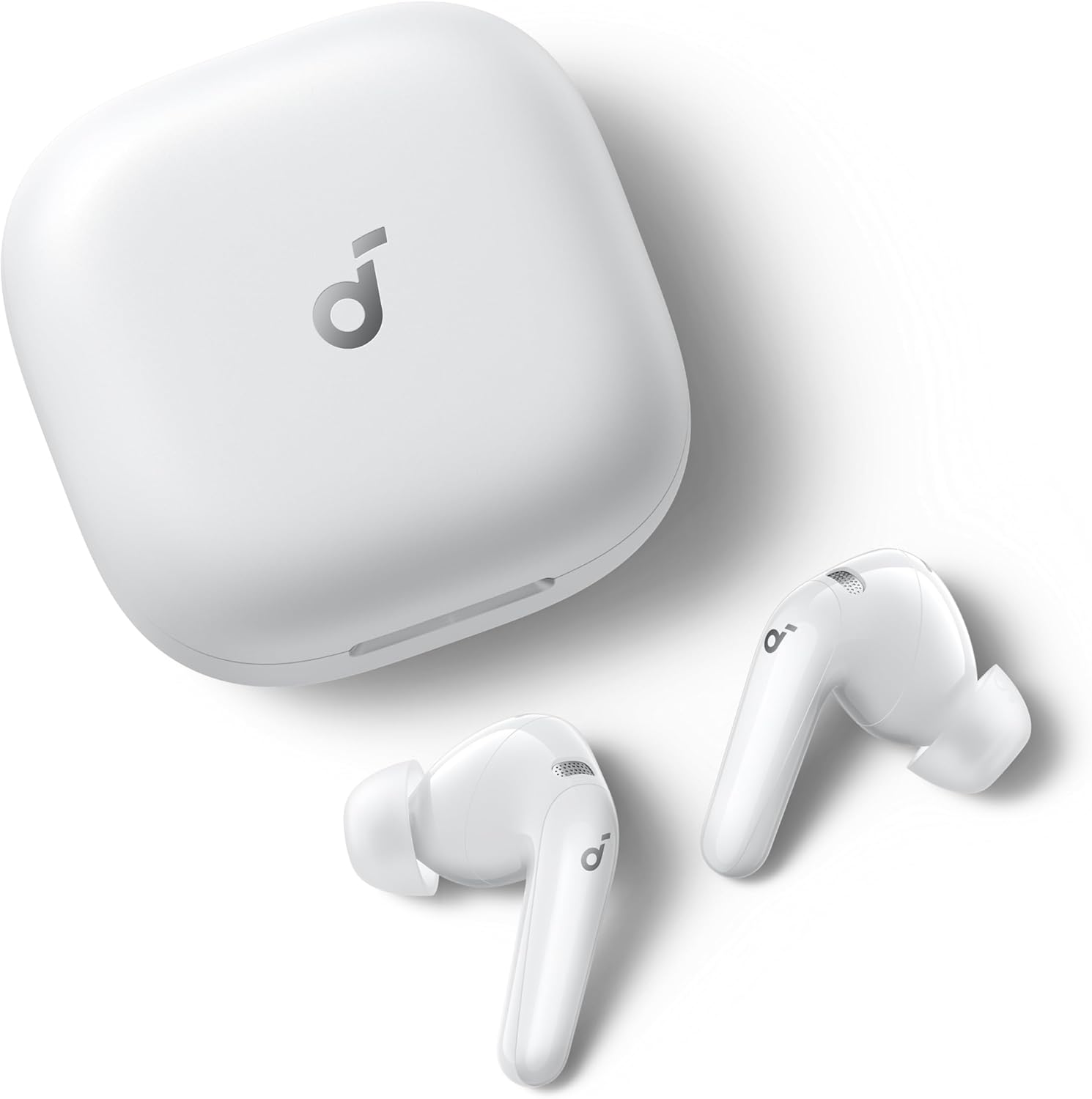 Soundcore P31i earbuds and charging case, white colorway, showing the compact case size