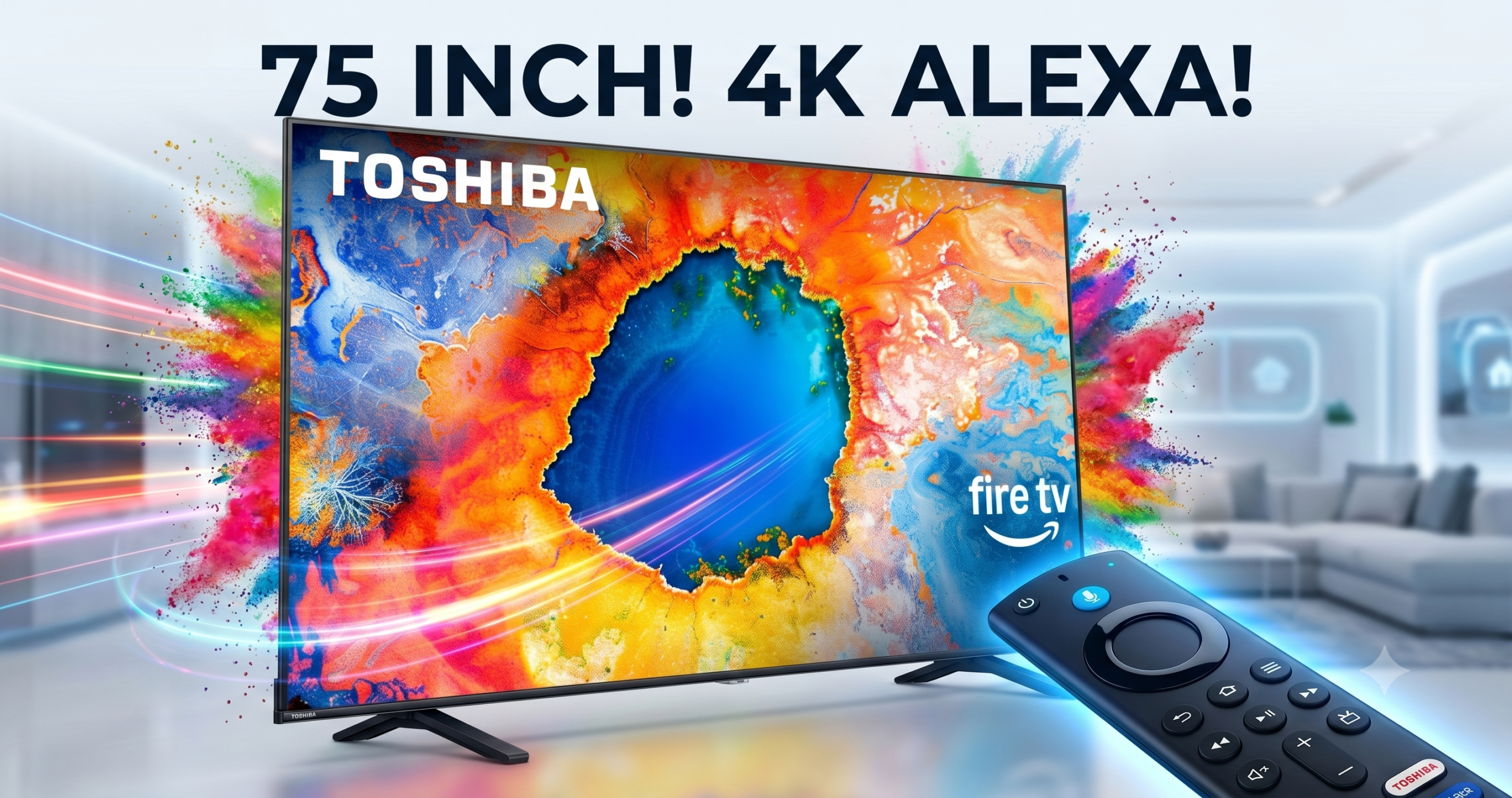Toshiba 75-inch C350 Series LED 4K Fire TV mounted on a living room wall displaying a vibrant 4K image