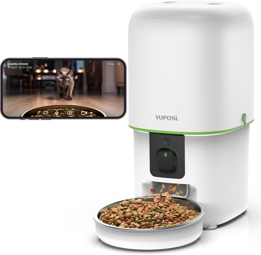 Yuposl automatic pet feeder with built-in camera mounted on top of the food hopper