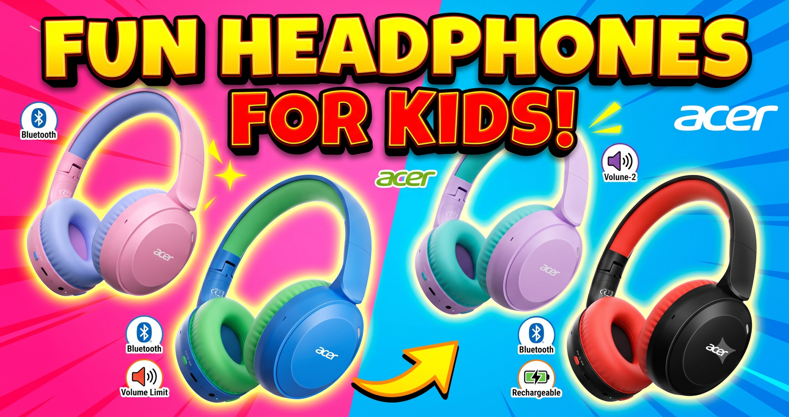 acer Kids Bluetooth Headphones OHR668 foldable over-ear design with volume-limited speakers