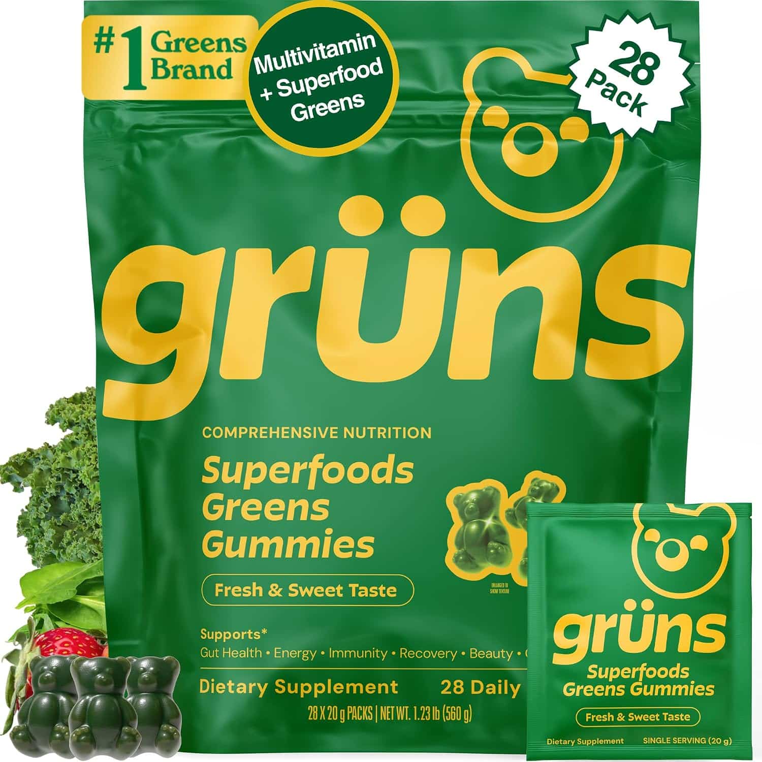 Gruns adult greens gummies and daily multivitamin bottle, 28 count