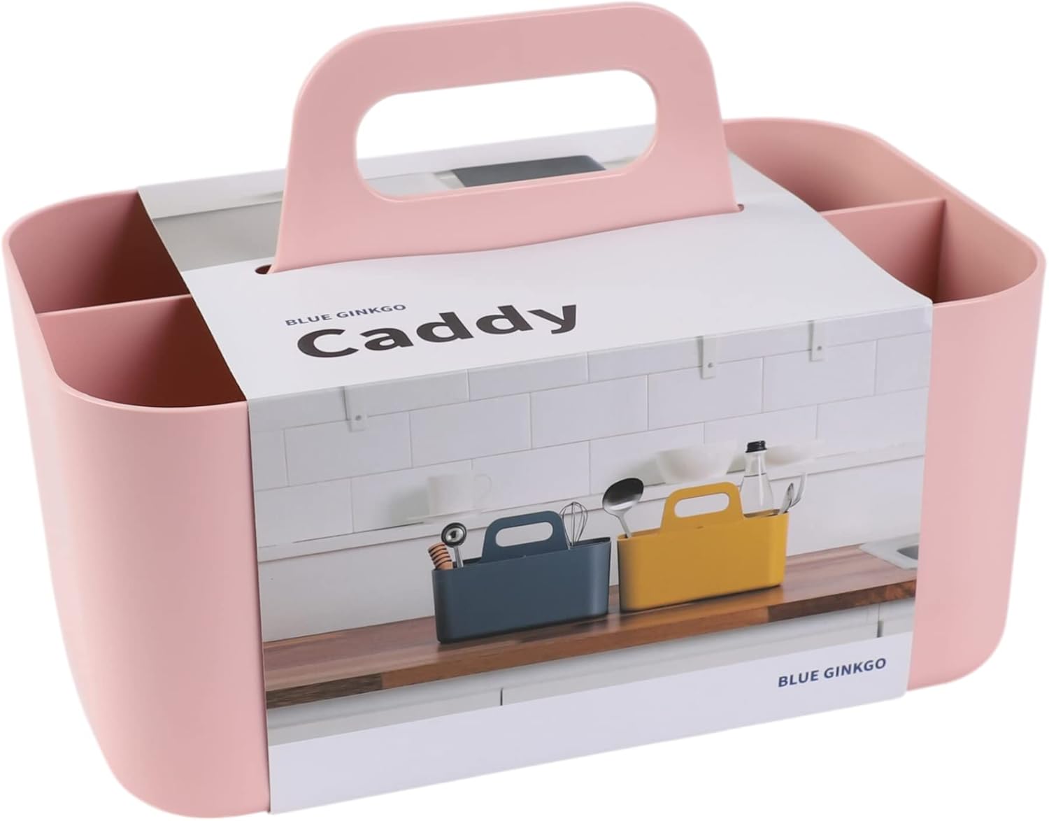 Blue Ginkgo stackable organizer caddy in pink holding craft supplies