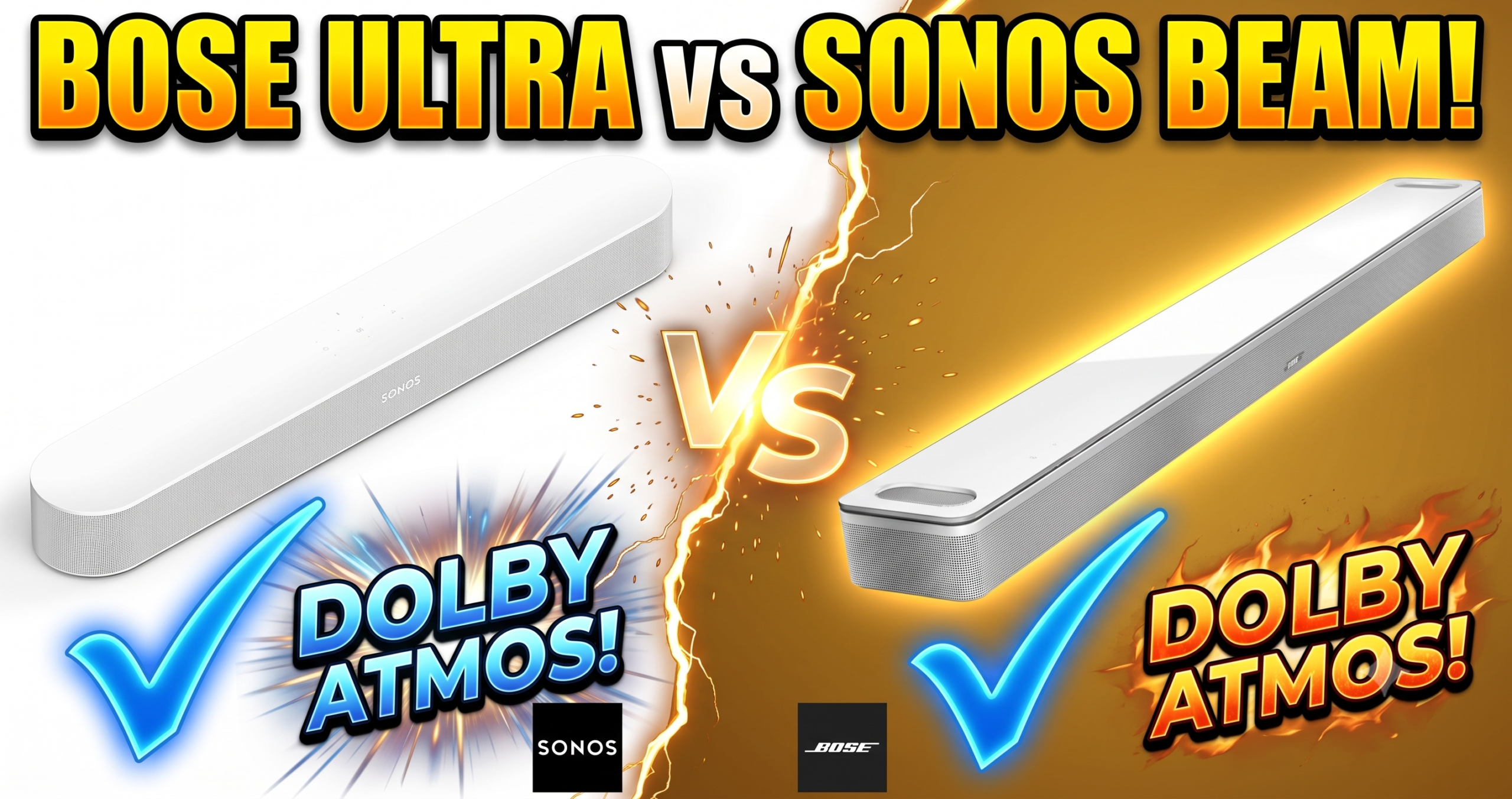 Bose Smart Ultra Dolby Atmos Soundbar next to Sonos Beam Gen 2 soundbar, size and design comparison