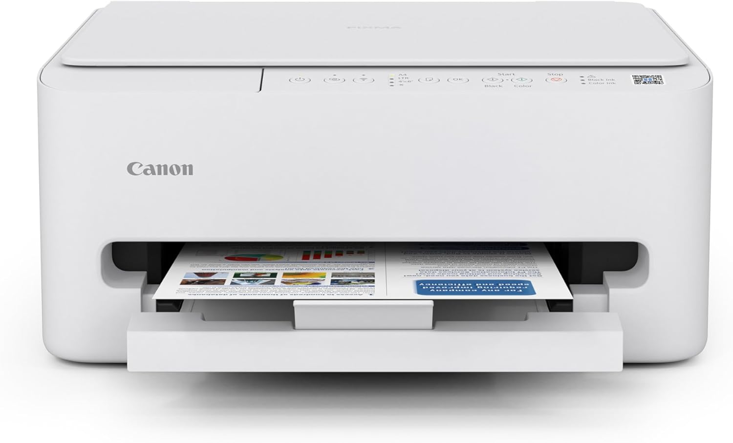 Canon PIXMA TS4320 wireless color inkjet printer in white with paper tray extended