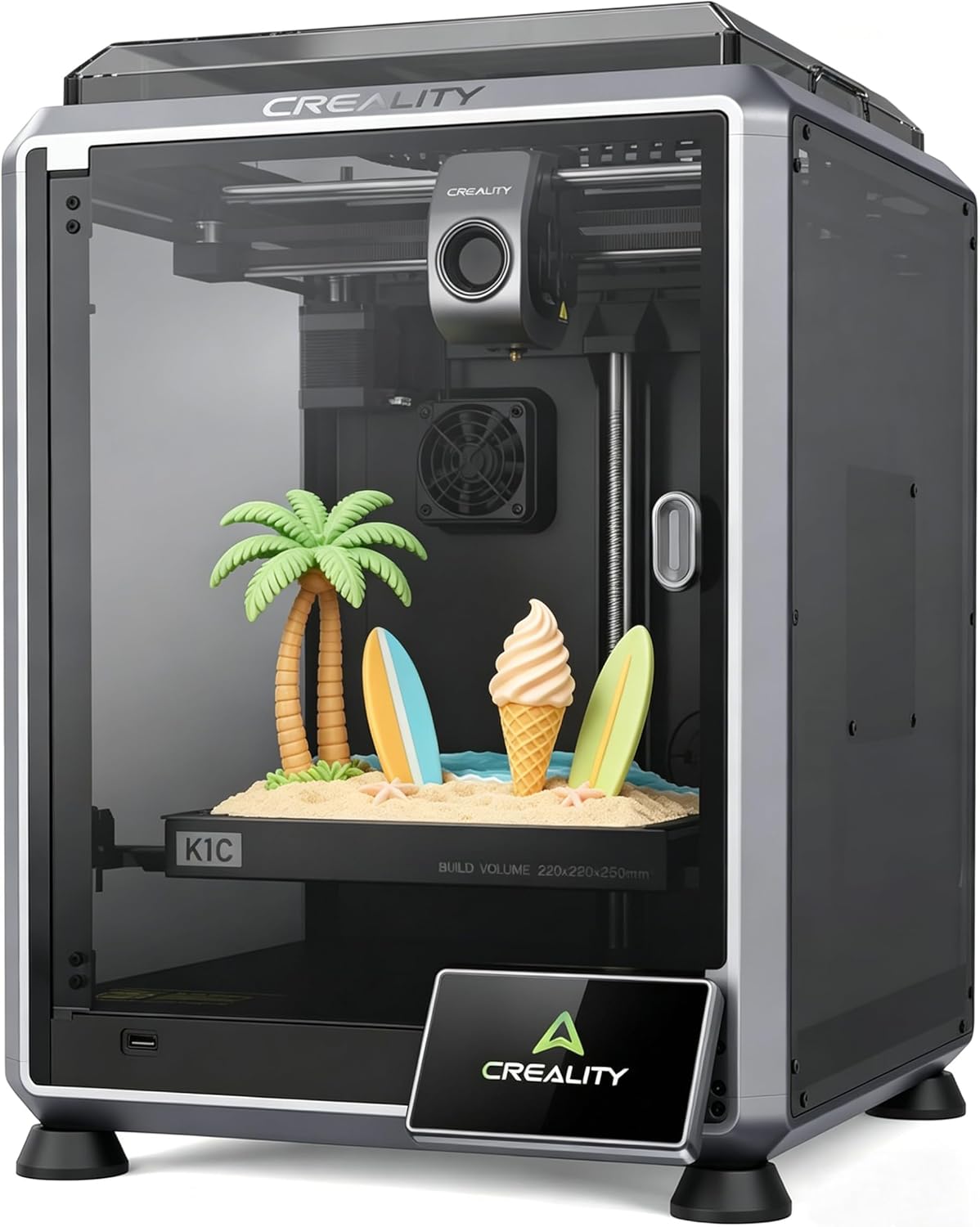 Creality K1C enclosed high-speed 3D printer shown from the front, compared here for macOS setup ease against the FlashForge Adventurer 5M