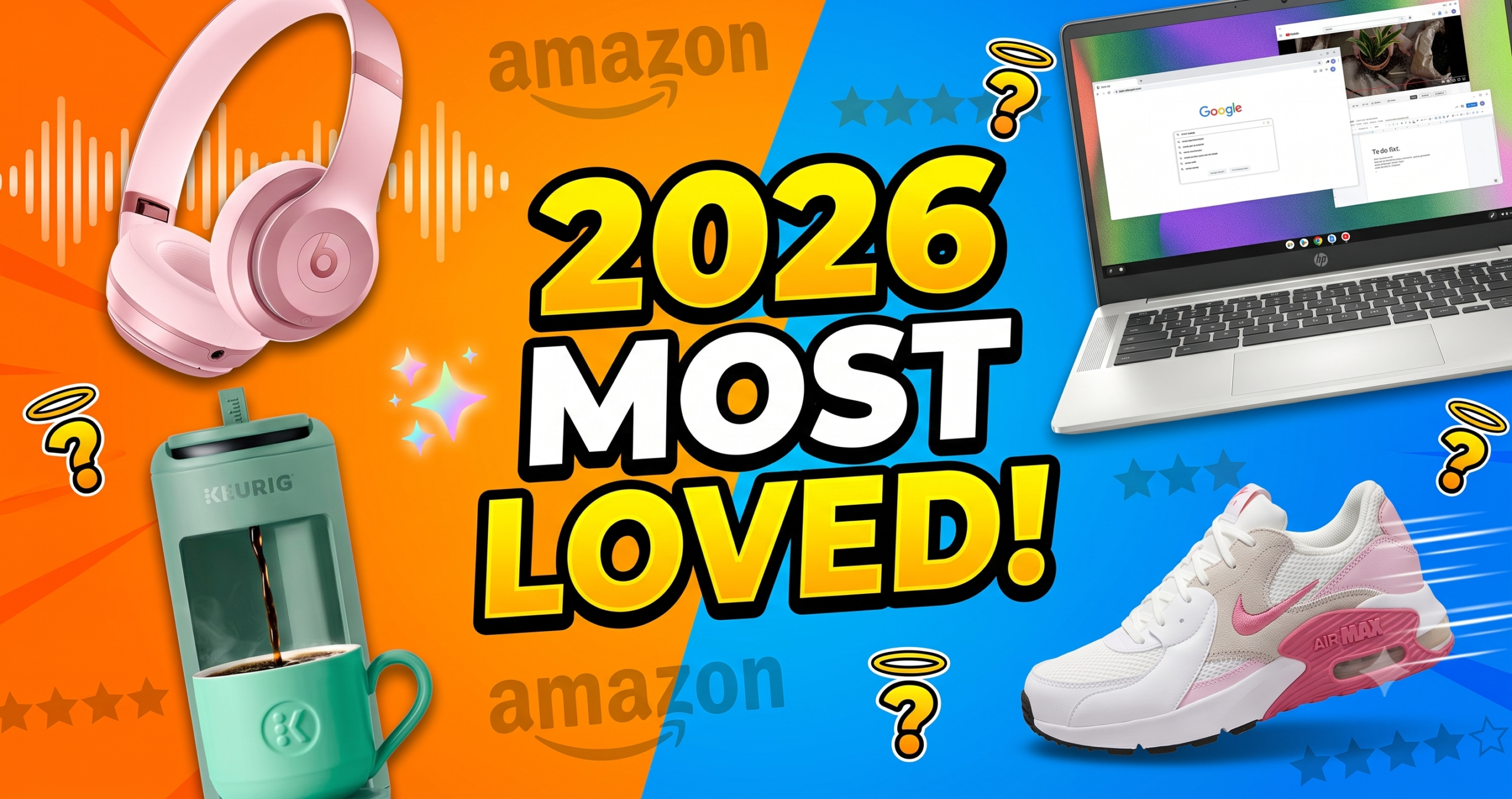 Grid of 20 top-selling Amazon products for 2026 including headphones, coffee makers, backpacks, and gummies