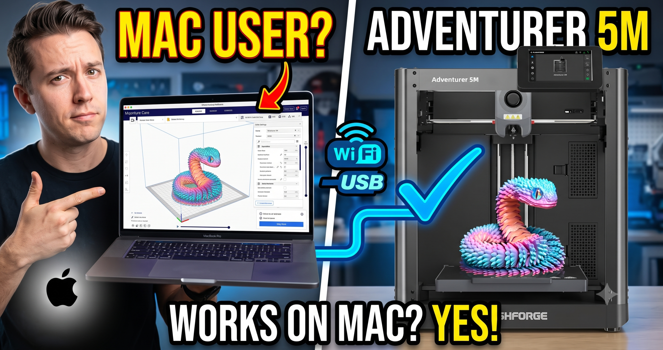 FlashForge Adventurer 5M 3D printer set up next to a MacBook, showing the Orca Slicer interface used to send print jobs from macOS