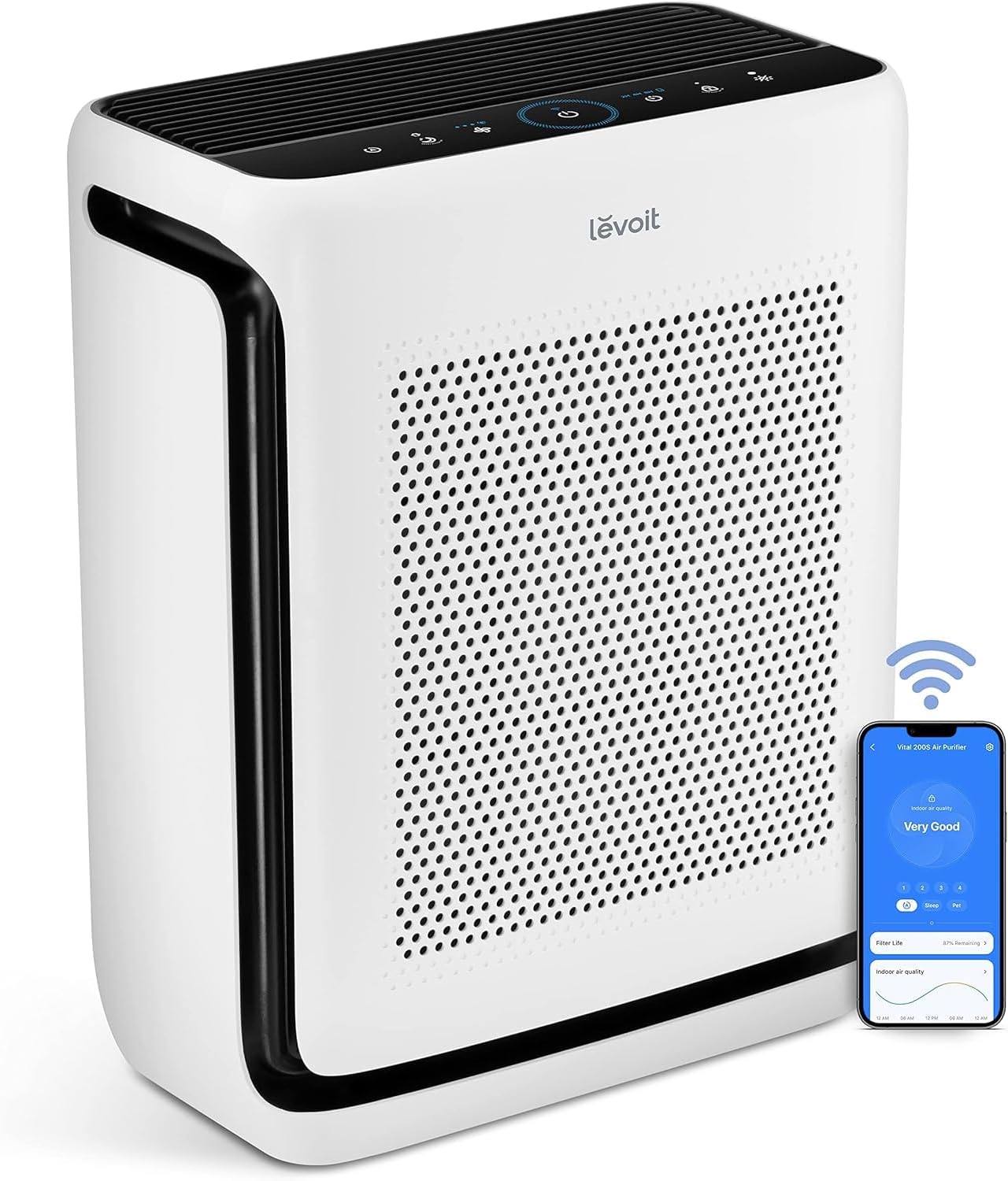 LEVOIT Vital 200S-P smart air purifier in white, showing its tall tower design and dual air intake vents