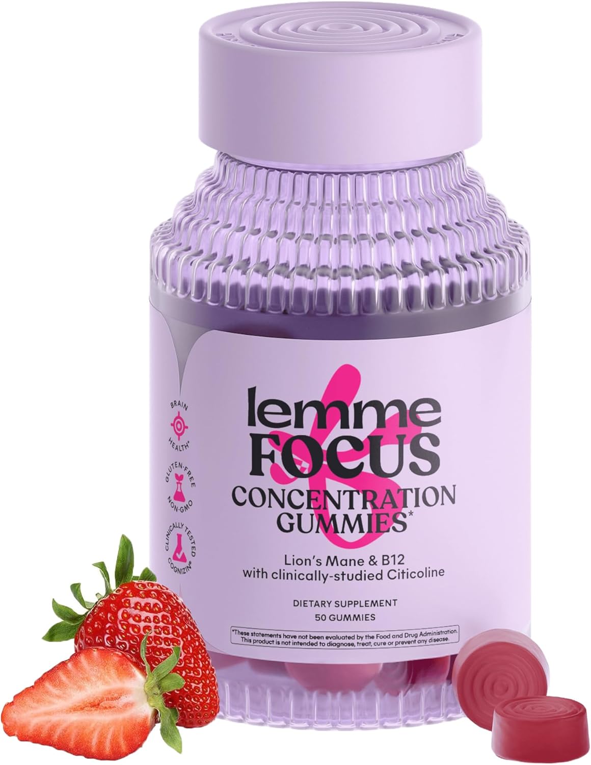 Lemme Focus concentration gummies bottle showing strawberry flavor