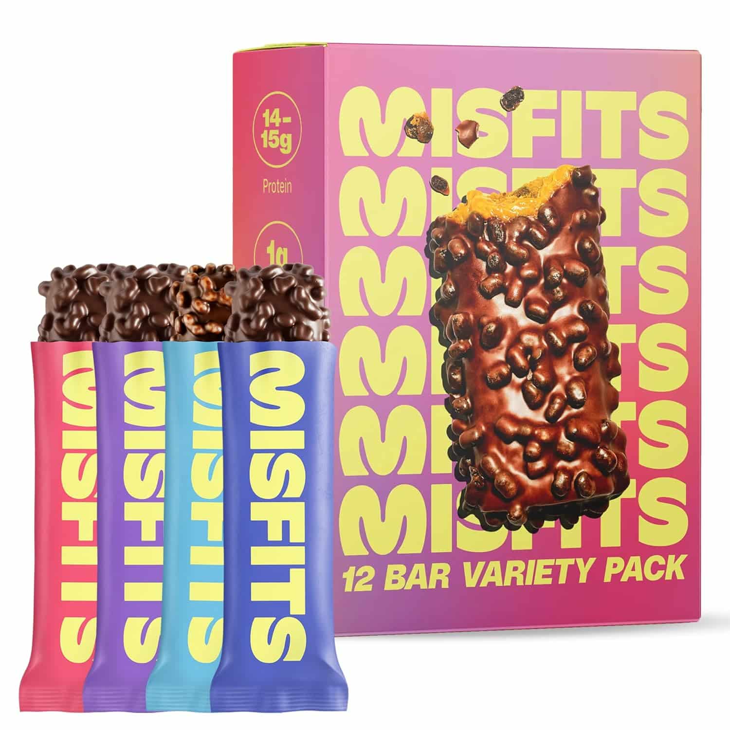 Misfits protein bar variety pack box showing 12 individually wrapped bars