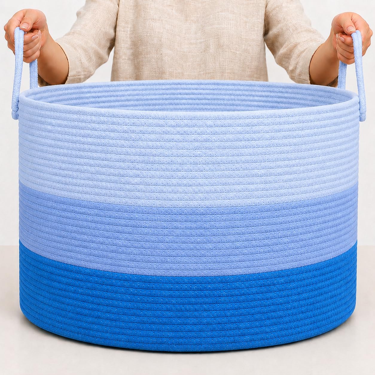 OrganiHaus round cotton rope toy and blanket basket in three-toned blue