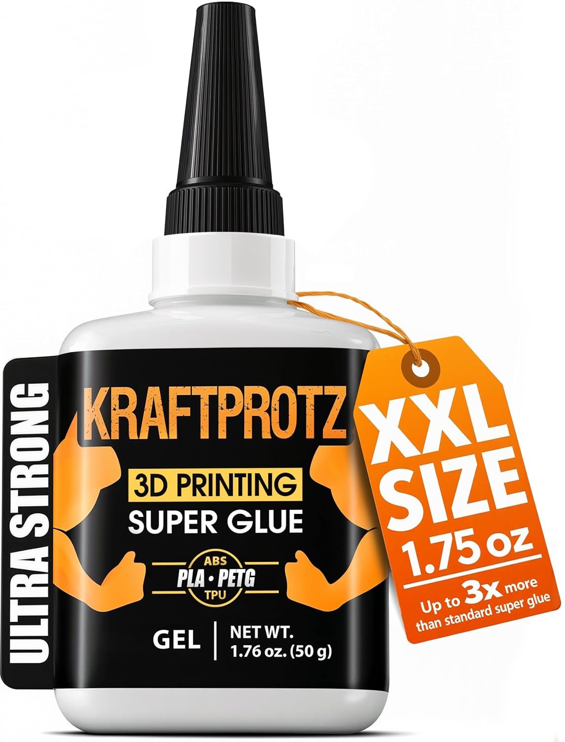 Bottle of 3D printing super glue gel with anti-clog cap for repairing PLA, ABS, PETG and TPU prints