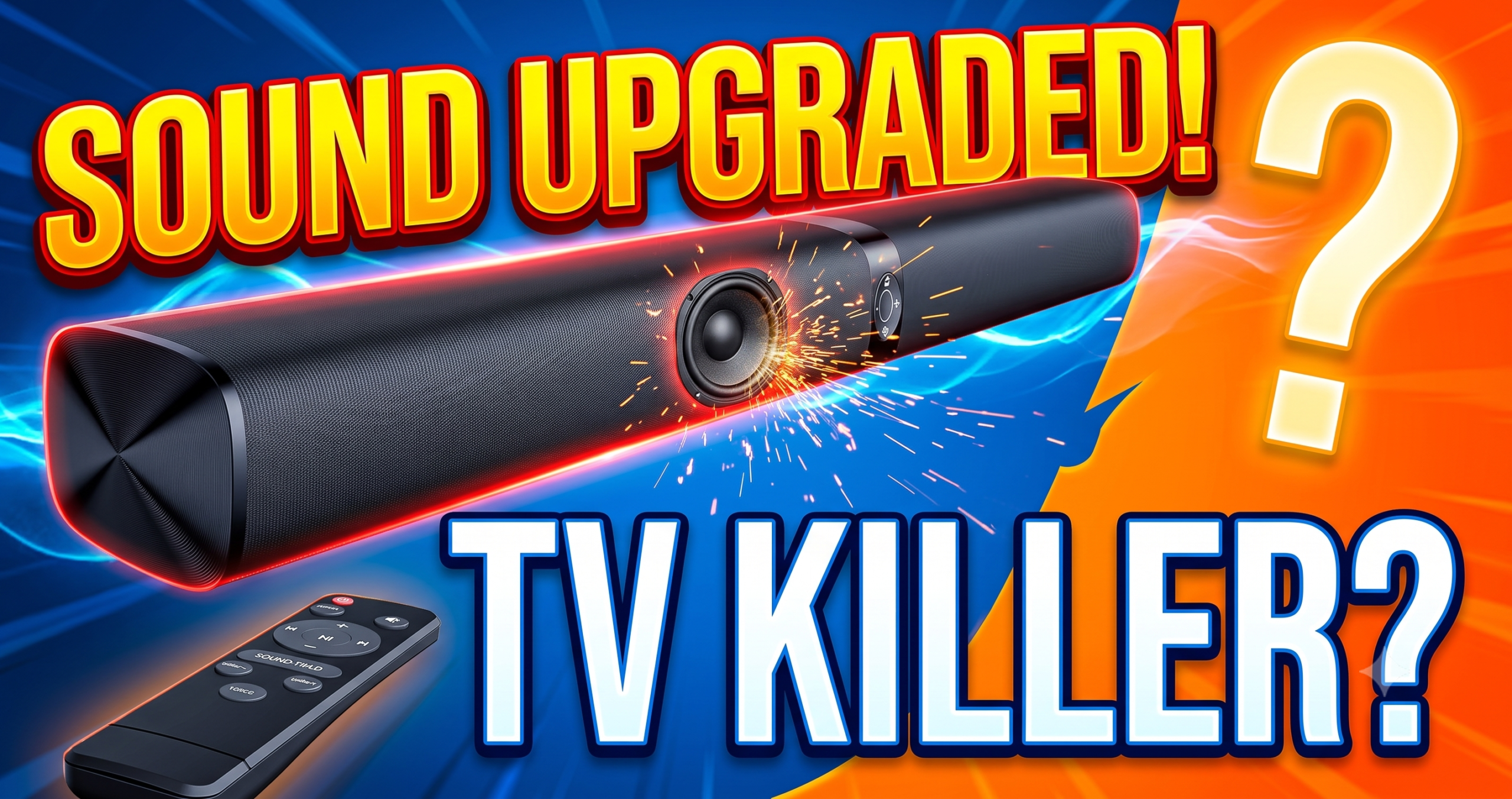 Assistrust KY-8000 sound bar for smart TV shown in its two-piece detachable configuration with remote
