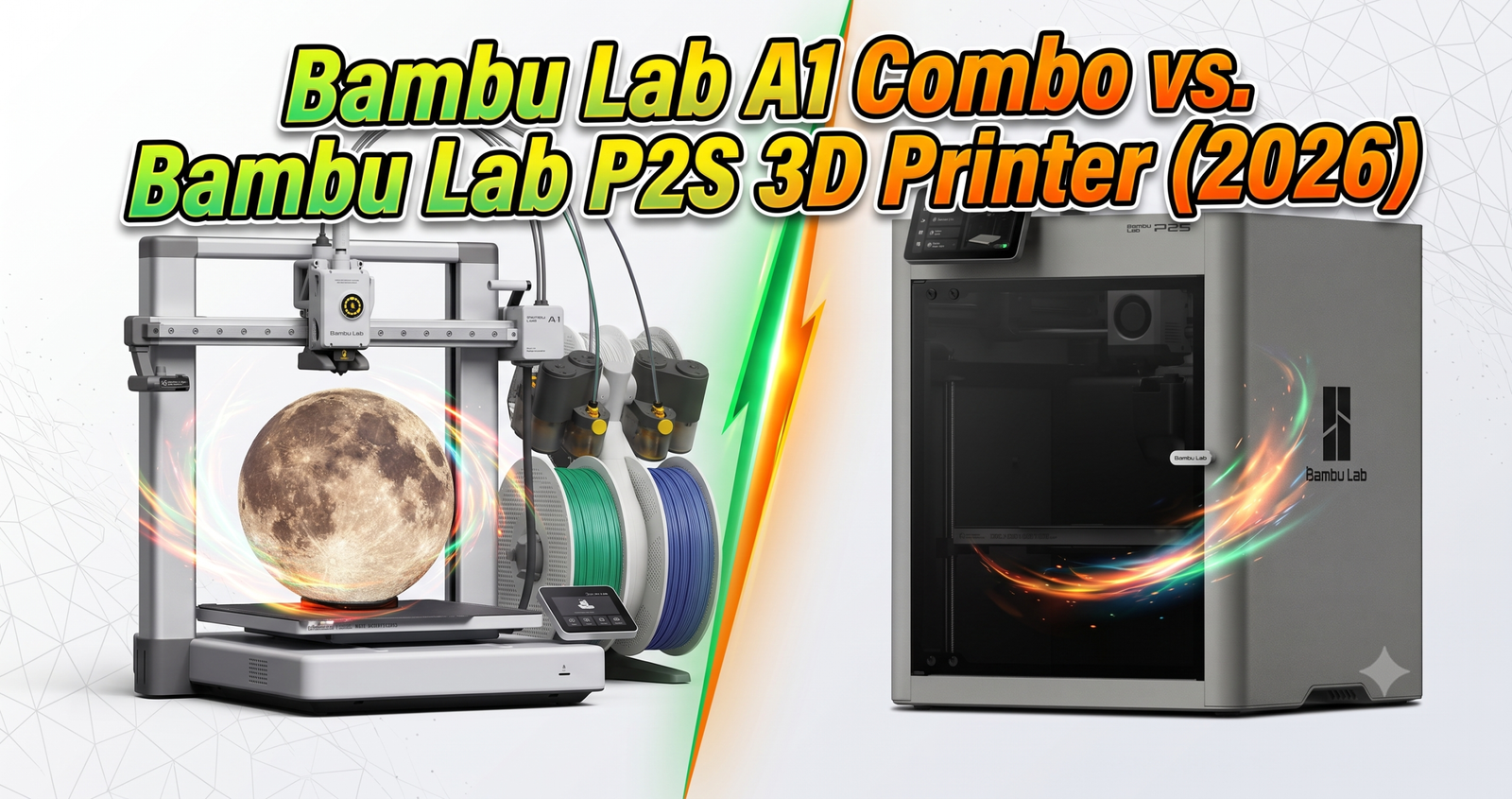 Bambu Lab A1 Combo open-frame printer next to the enclosed Bambu Lab P2S, side by side comparison