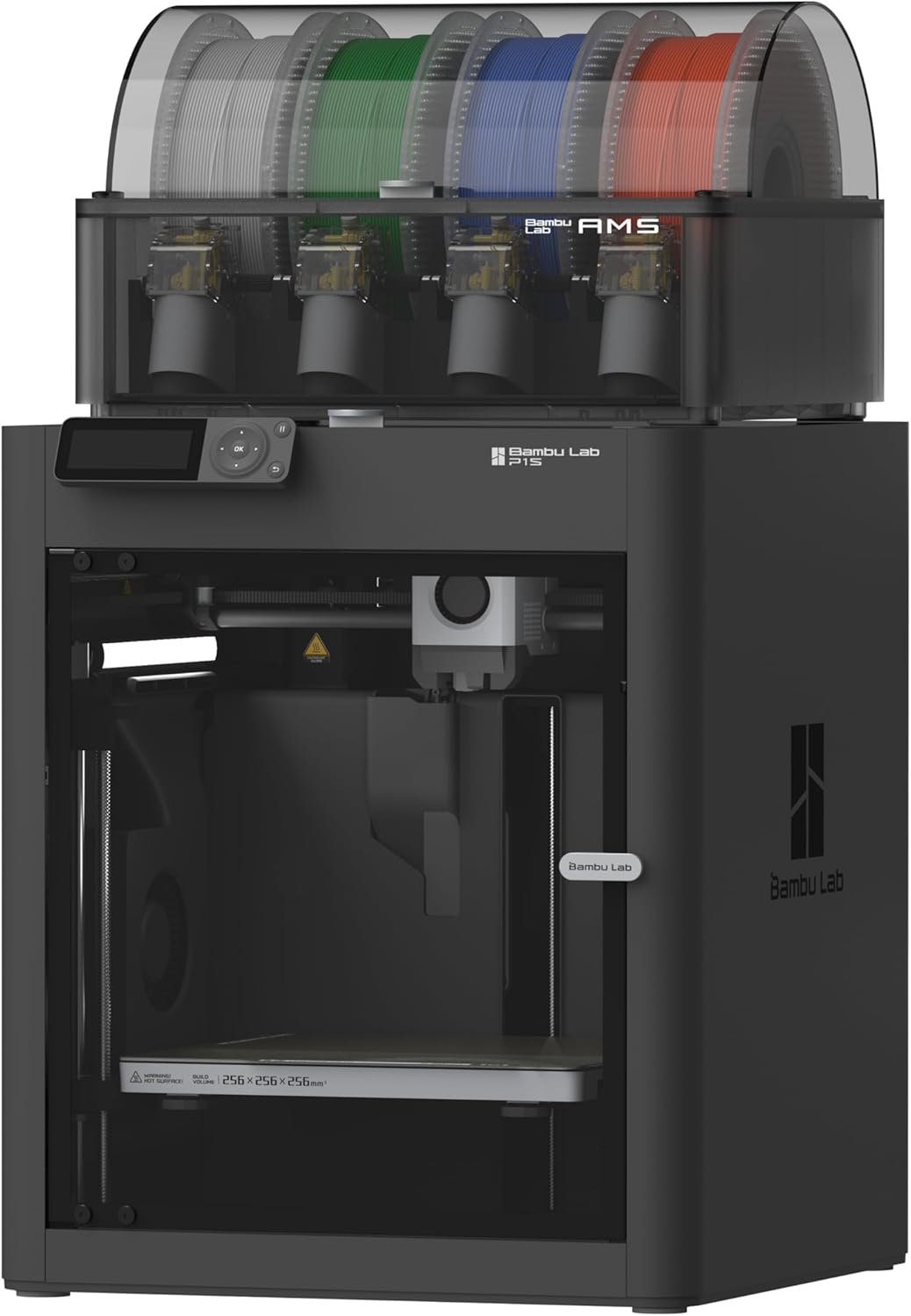 Bambu Lab P1S Combo 3D printer shown with its AMS multi-color filament unit attached to the side