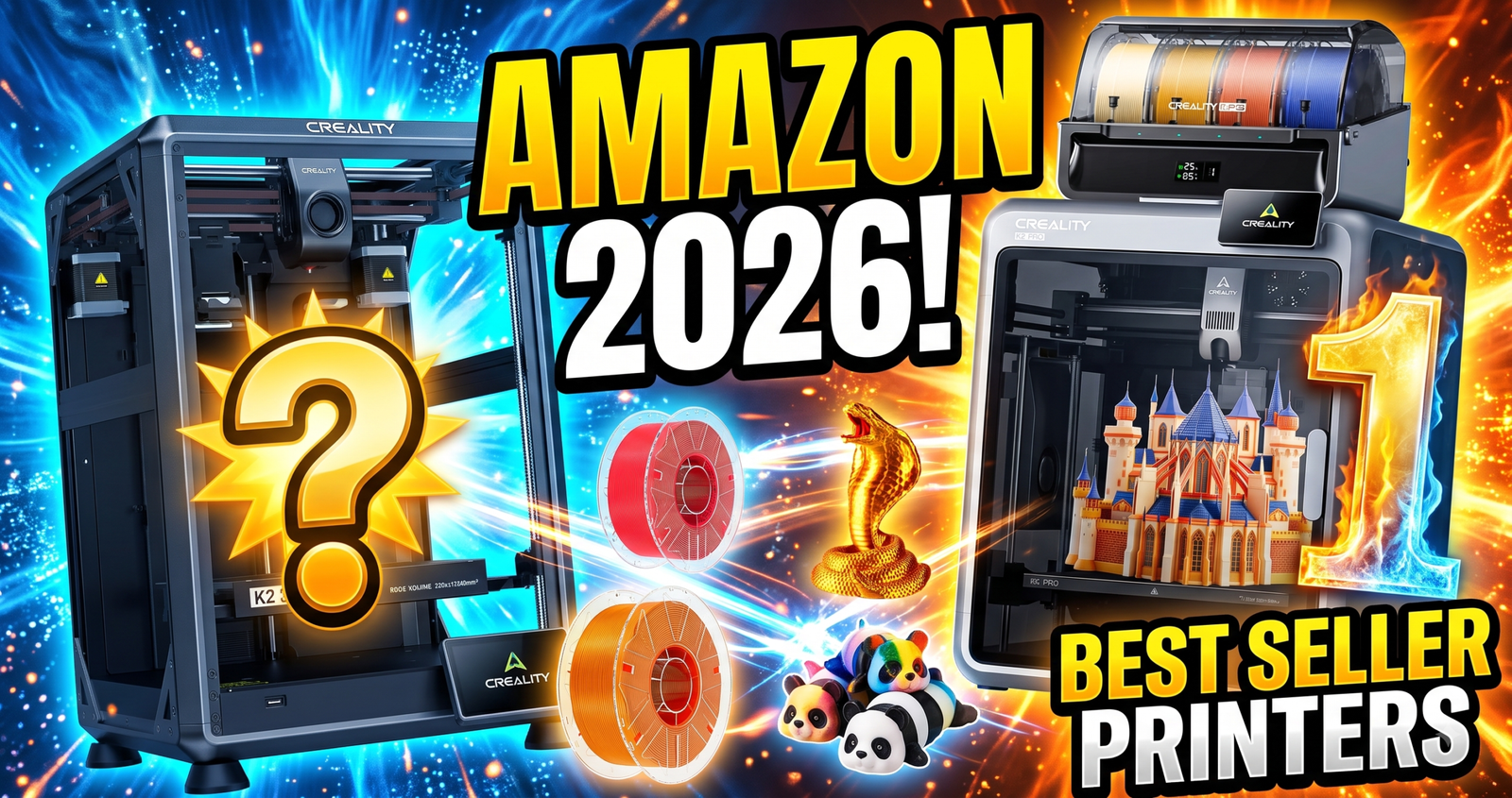 Best-selling 3D printers, filament spools, and printing accessories on Amazon in 2026 grouped together